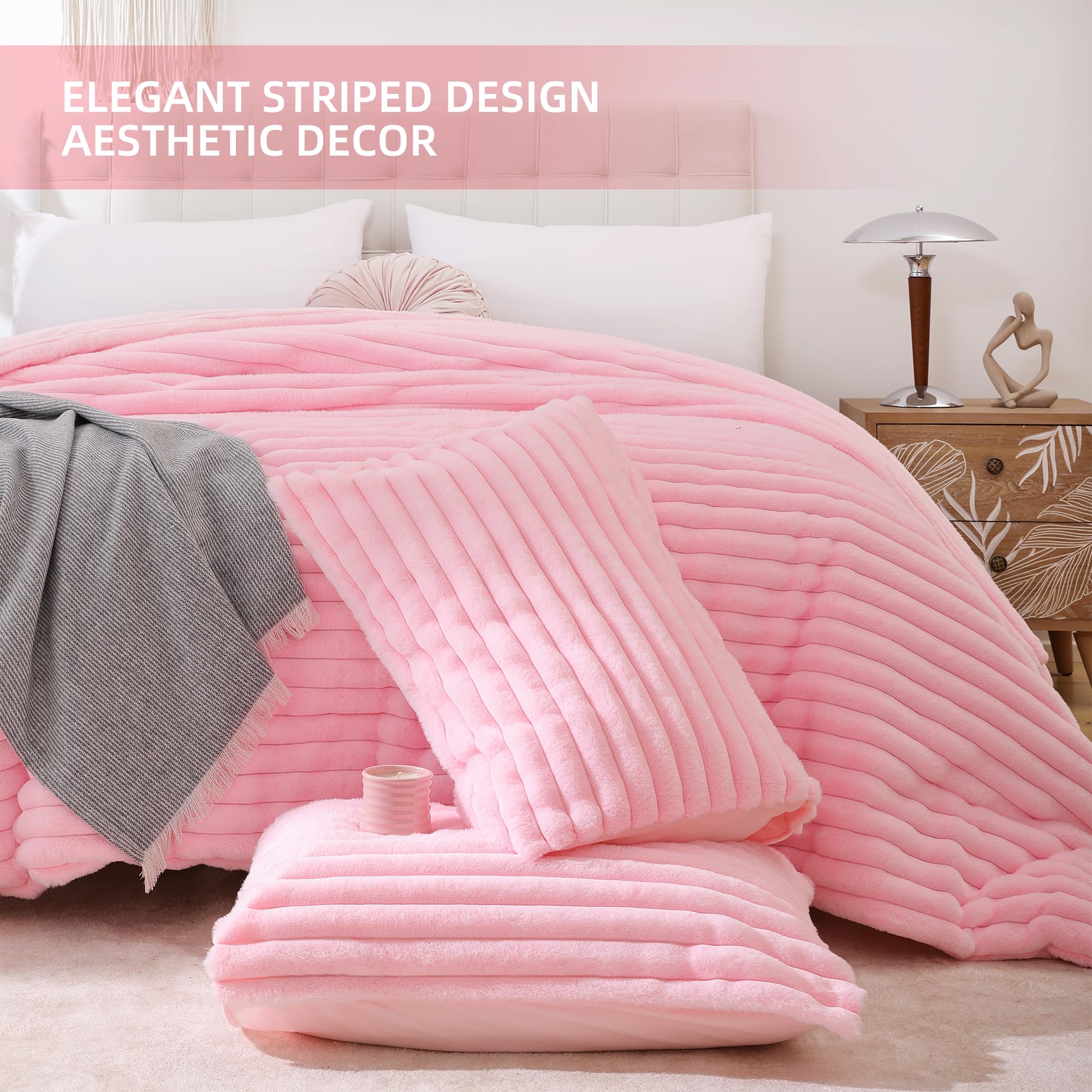 Luxury Pink Fleece Fluffy Queen Comforter Set - 3 Piece Soft Warm Faux Fur Bedding with 2 Pillow Shams | All Season Cozy Fuzzy Blanket for Bedroom, Guest Room & Dorm Decor | Ultra Plush Winter Comforter for Women & Teens