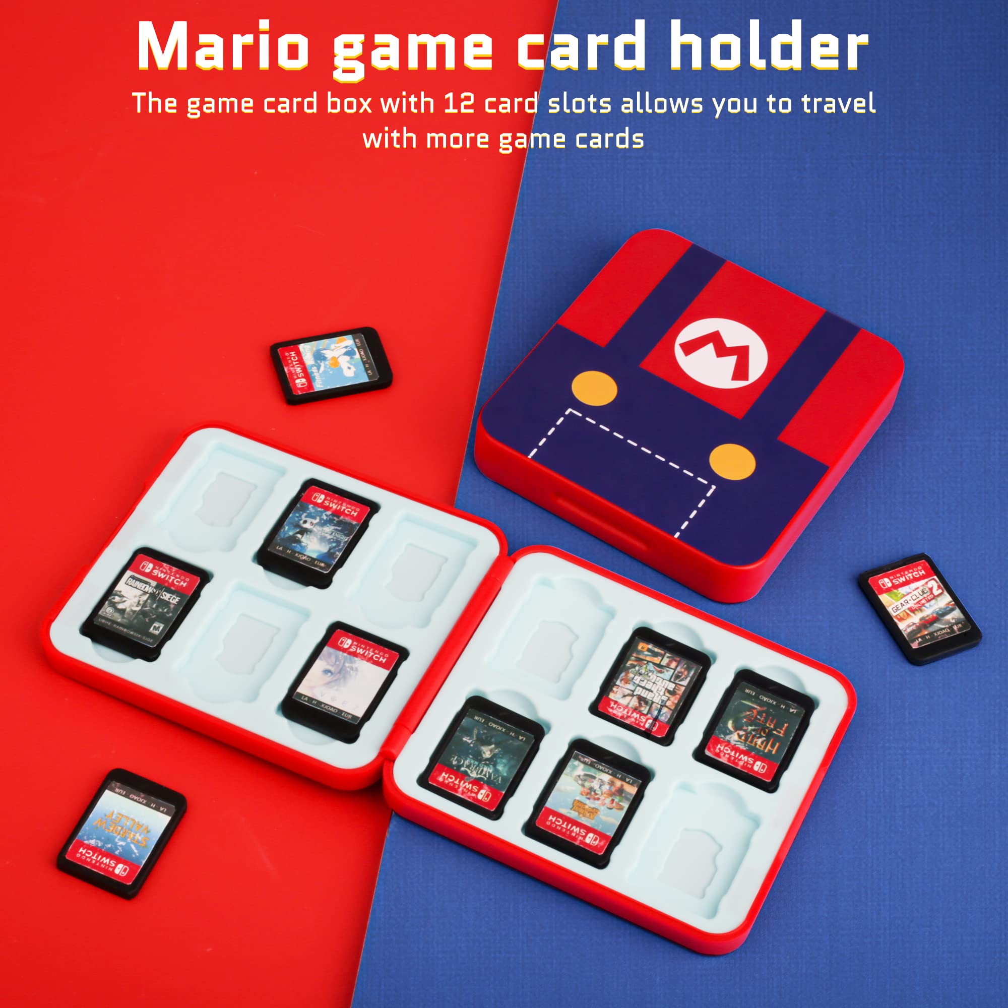 FUNDIARY Super Mario Themed Travel Bag for Nintendo Switch, OLED & Lite - Red & Blue Portable Carrying Case with Sling Shoulder Bag, Crossbody Backpack, Game Card Case & 2 Thumb Caps - Perfect for Gaming On-The-Go, Travel & Commuting