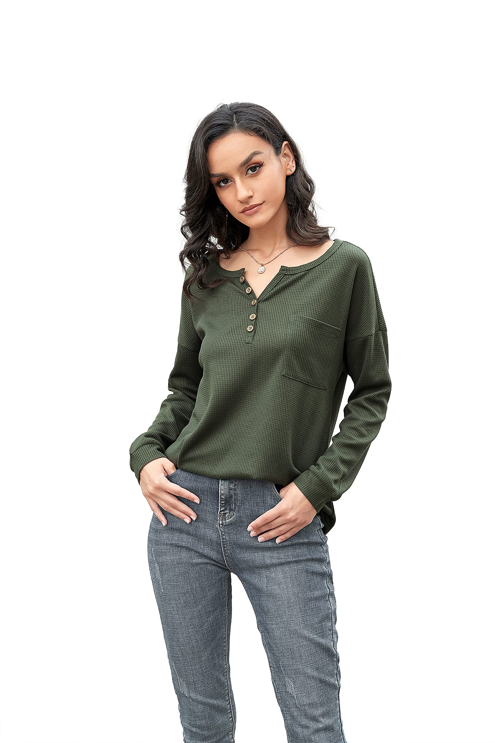 Iandroiy Women's Long Sleeve V-Neck Button Down Blouse - Waffle Knit Casual Tunic Top Shirt for Work, Date Night & Everyday Wear