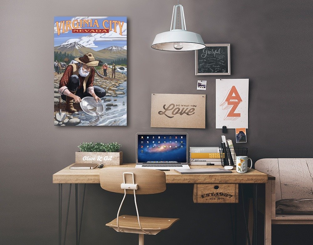 Virginia City Nevada Gold Panner Wall Art - 16x24 Wrapped Canvas Print - Western Home Decor & Mining Theme Artwork - Perfect for Living Room, Office or Cabin Decor