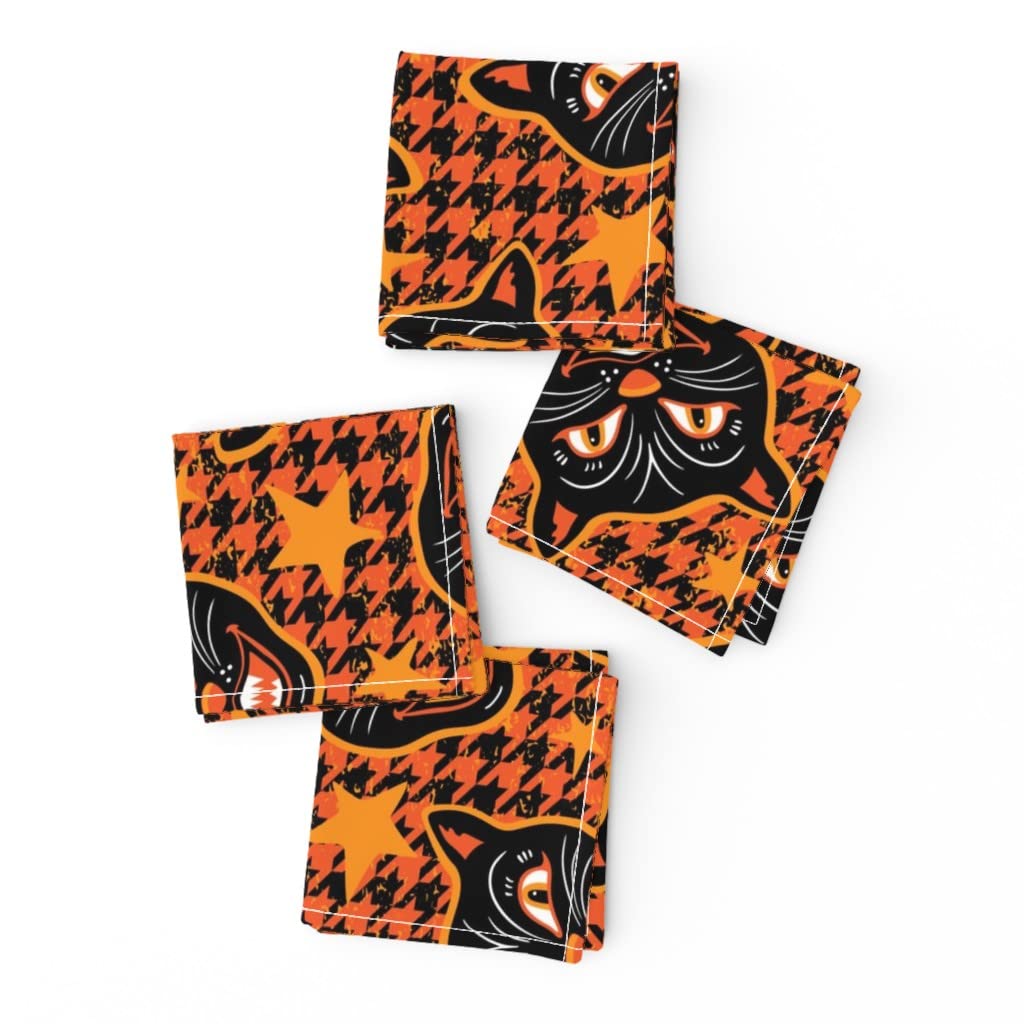 Halloween Cat Print Cocktail Napkins Set of 4 - Houndstooth Vintage Orange & Black Cotton Linen Blend for Parties, Bar Decor, and Spooky Themed Events