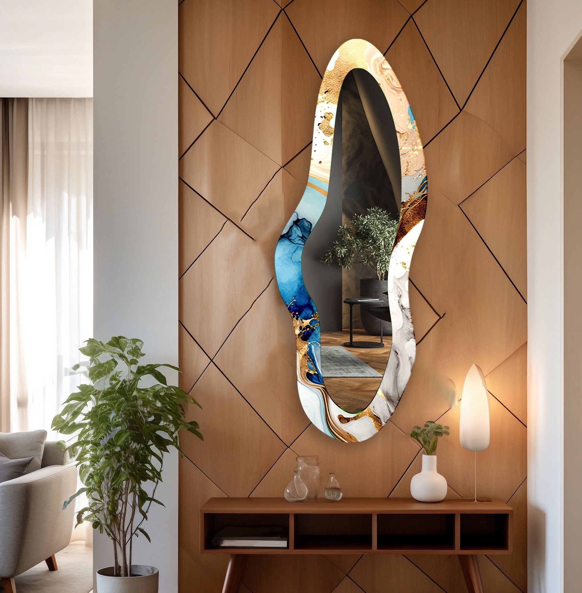 Blue Decorative Irregular Long Wall Mirror - Modern Unique Home Decor for Living Room, Bedroom & Entryway