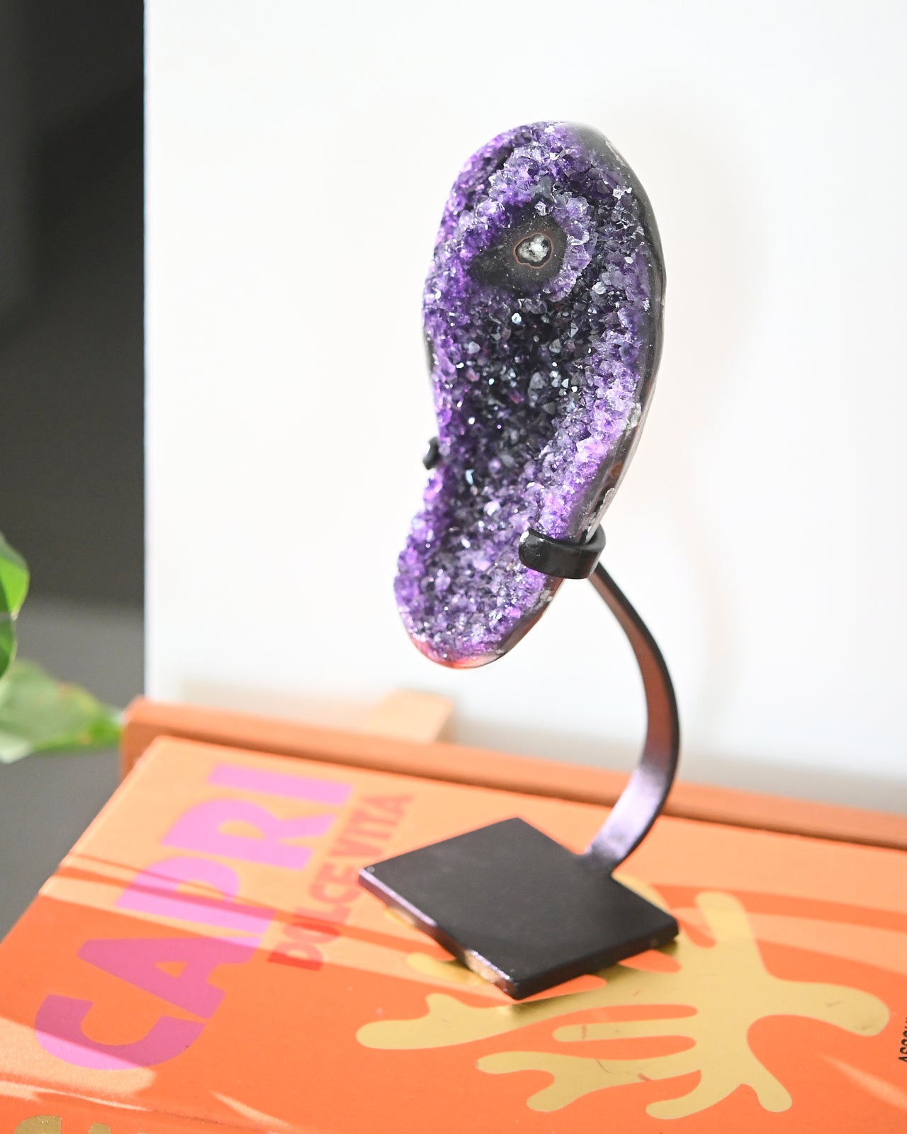 Natural Amethyst Crystal Geode on Wooden Stand - 3.8lbs Healing Stone for Home Decor, Meditation & Spiritual Gifts