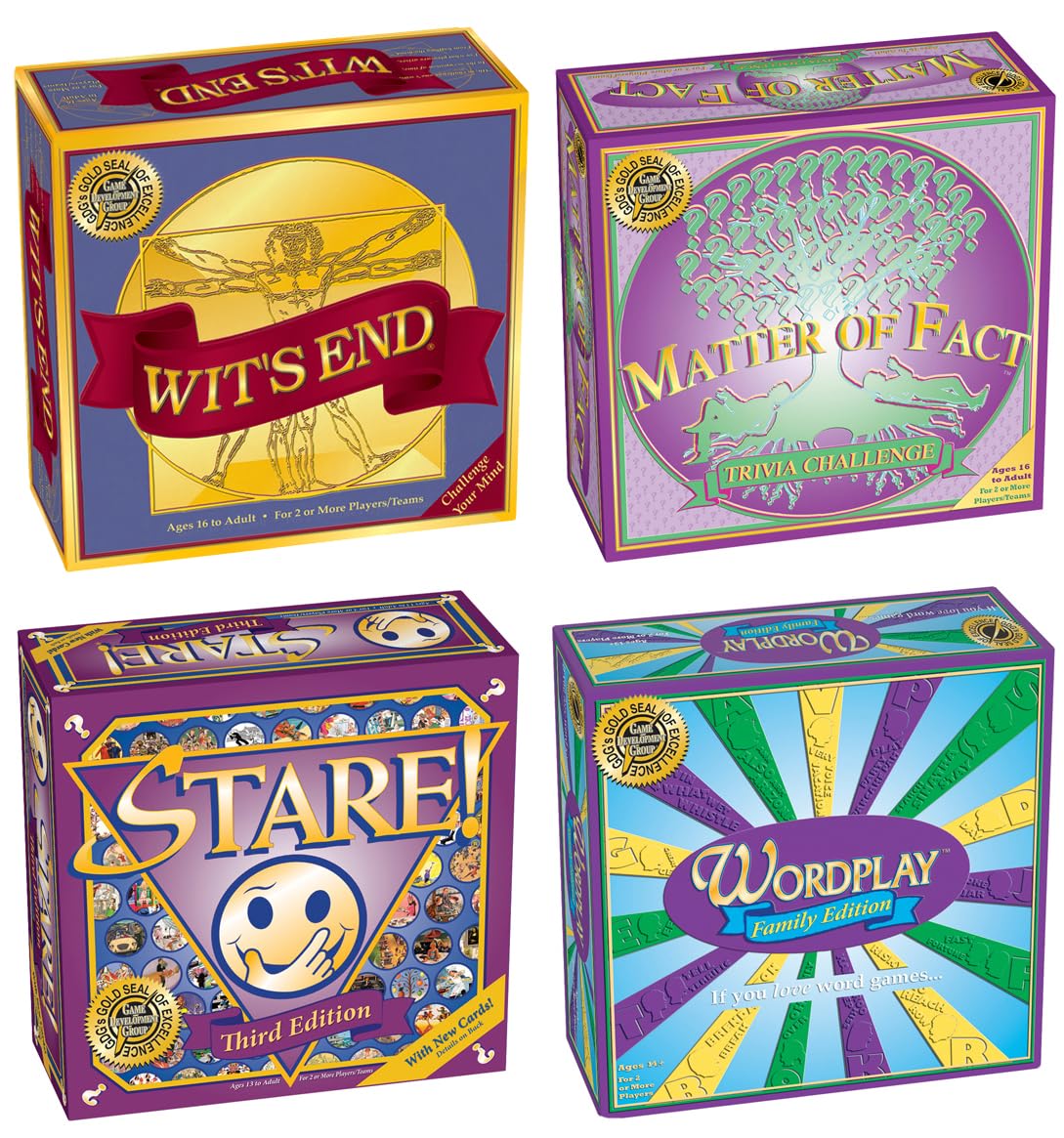 Wit's End, Matter of Fact, Stare & Wordplay - 4 Fun Adult Board Games Bundle for Game Nights | Perfect for Parties, Family Gatherings & Social Events