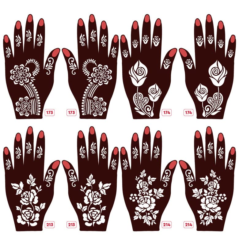 Apcute Henna Temporary Tattoo Stickers - 8 Piece Set for Hands, Easy DIY Body Art for Girls, Women & Kids - Beautiful Mehandi Stencil Designs 173-174-213-214 - Perfect for Parties, Weddings & Festivals