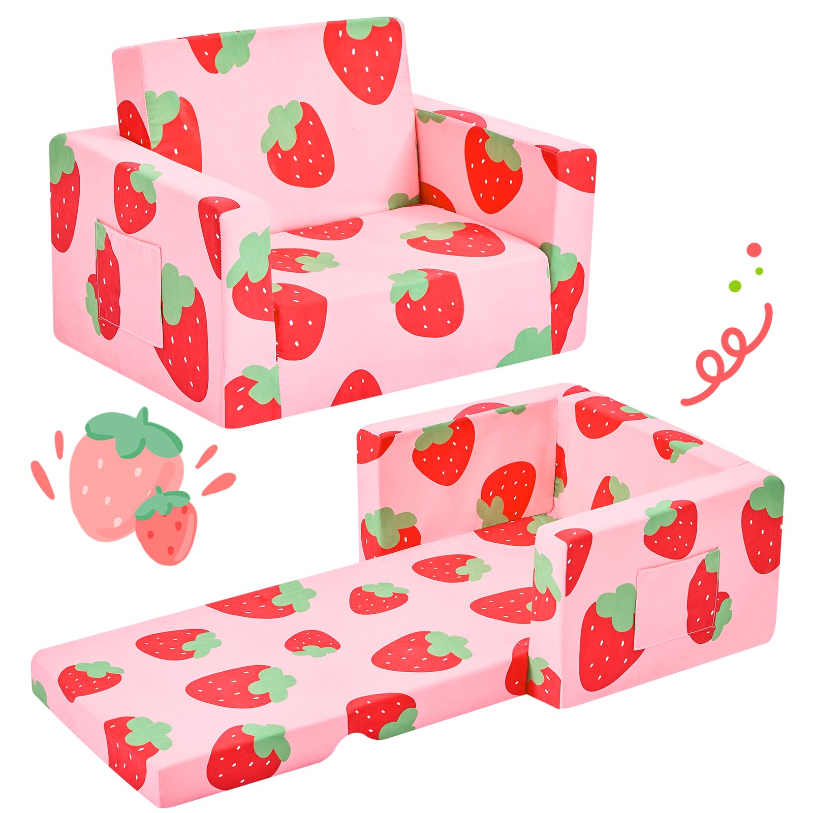 2-in-1 Convertible Toddler Couch & Kids Chair - Foldable Sofa to Lounger for Boys & Girls - Soft Baby Couch with Washable Cover - Perfect for Playroom, Nursery & Gift (Strawberry Red, Medium Size) - Great for Reading Nook, TV Time & Nap Space