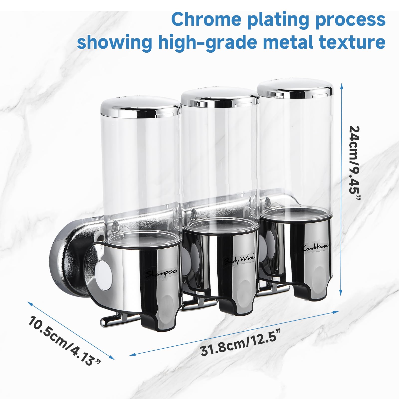 3-Chamber No Drill Wall Mounted Shower Dispenser - 500ml Large Capacity Refillable Soap & Shampoo Dispenser for Bathroom (Clear Design) - Perfect for Organized Showers, Gym Locker Rooms & Spa Facilities