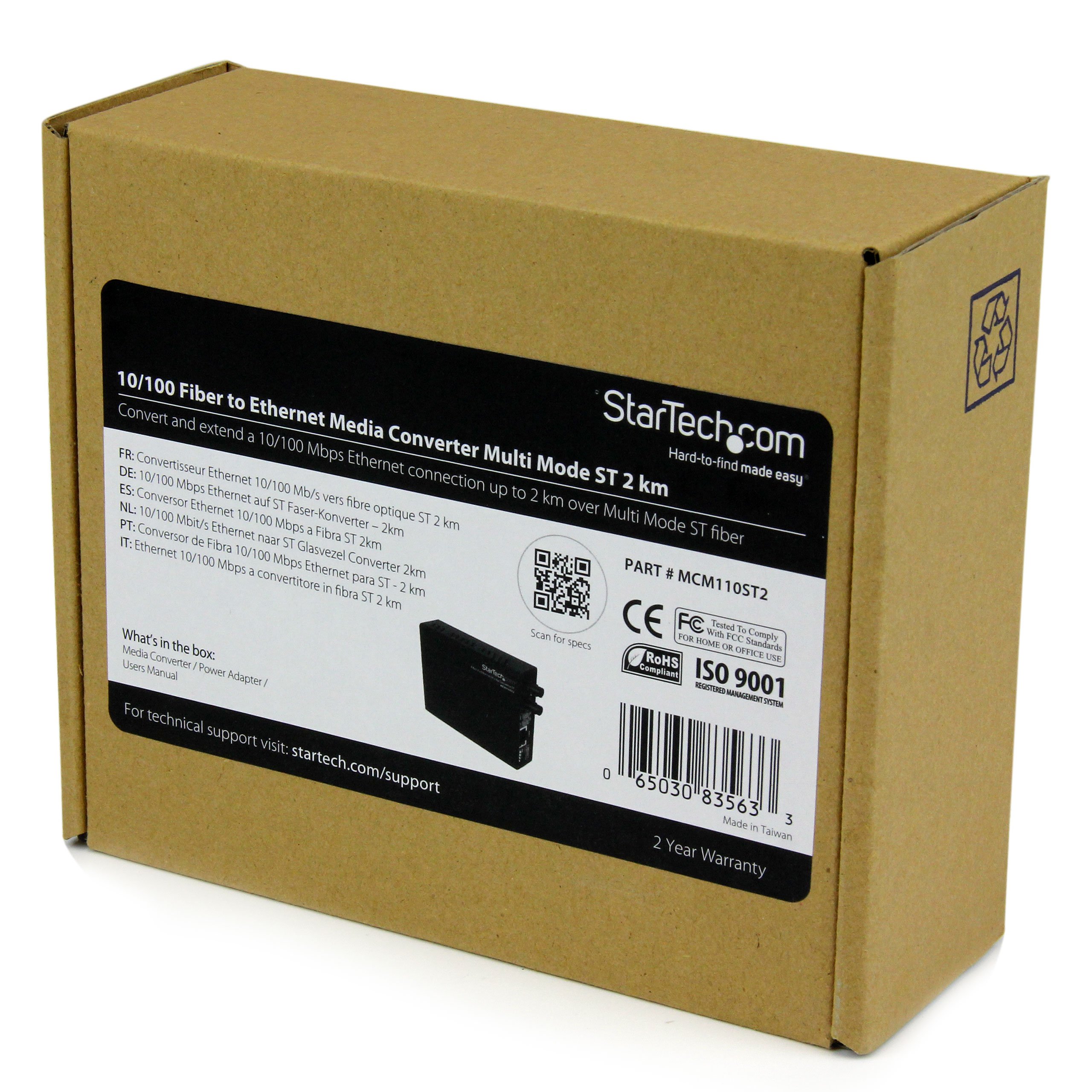StarTech.com MCM110ST2 10/100 Fiber to Ethernet Media Converter - Multi Mode ST, 2 km Range - Ideal for Office Networks, Data Centers & Industrial Applications