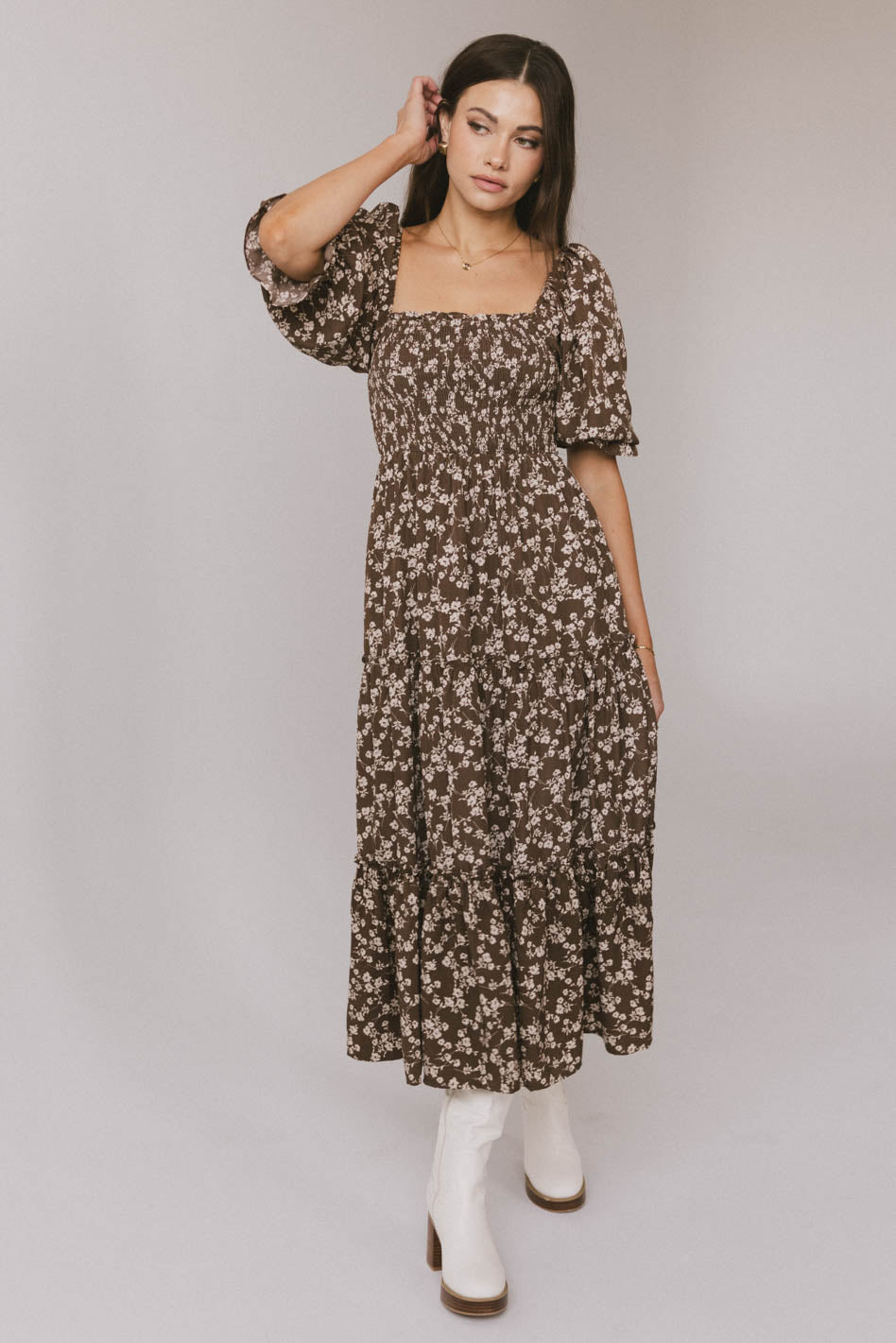 Kiran Floral Midi Dress for Women - Elegant Brown Flowy Summer Dress with V-Neck & Short Sleeves | Perfect for Beach Vacations, Garden Parties & Date Nights | FINAL SALE