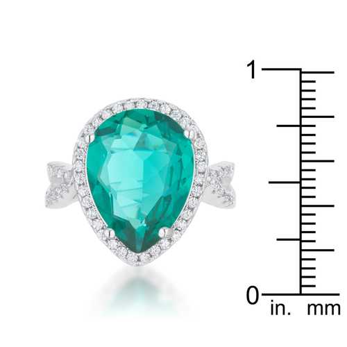 9.9ct Blue Green Cubic Zirconia Rhodium Plated Teardrop Ring for Women - Elegant Statement Jewelry for Parties, Weddings & Special Occasions