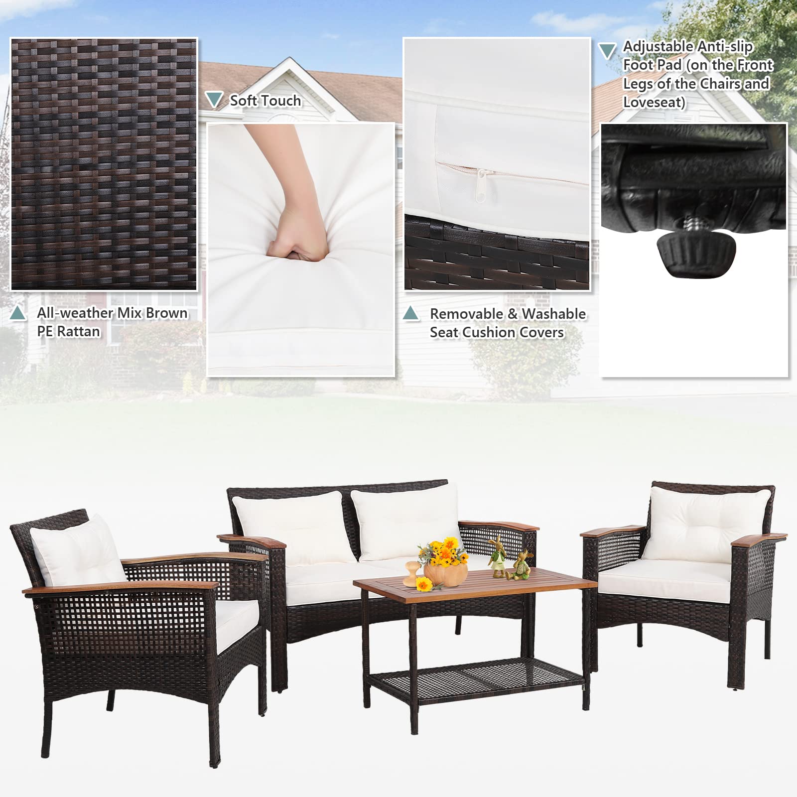 **HAPPYGRILL 4-Piece Outdoor Patio Furniture Set - Acacia Wood Sectional Sofa with Cushions & Coffee Table, PE Wicker Conversation Set for Garden, Poolside, Backyard & Outdoor Relaxation**