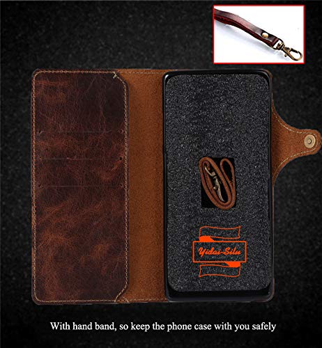 Genuine Cowhide Leather Flip Case for iPhone 13 Pro Max with Magnetic Button, Wristband & Card Holder | Shockproof TPU Bumper Wallet Phone Cover (6.7