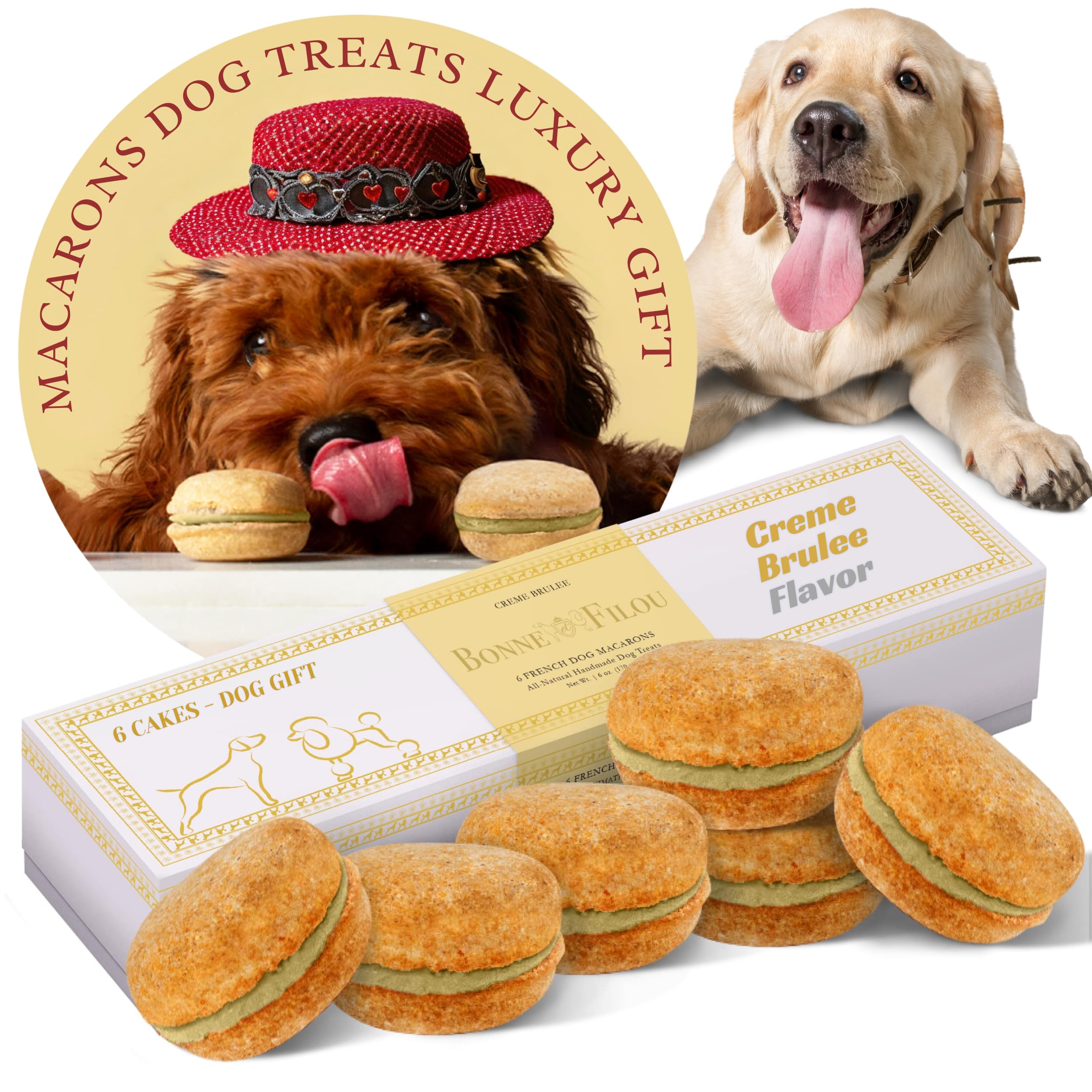 Bonne et Filou Gourmet Dog Treats - Creme Brulee Cupcakes & Macaron Cakes, Healthy Human-Grade Dog Snacks (6 Count) - Perfect for Training Rewards & Special Occasions