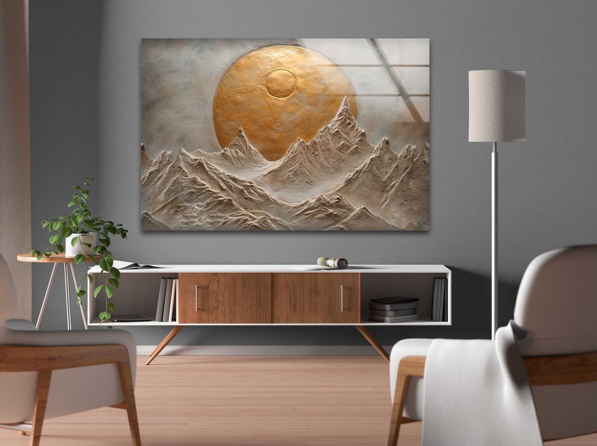 Abstract Mountain Golden Glass Wall Art - Modern Home Decor for Living Room, Bedroom & Office - Elegant Handmade Glass Painting for Gifts & Interior Design