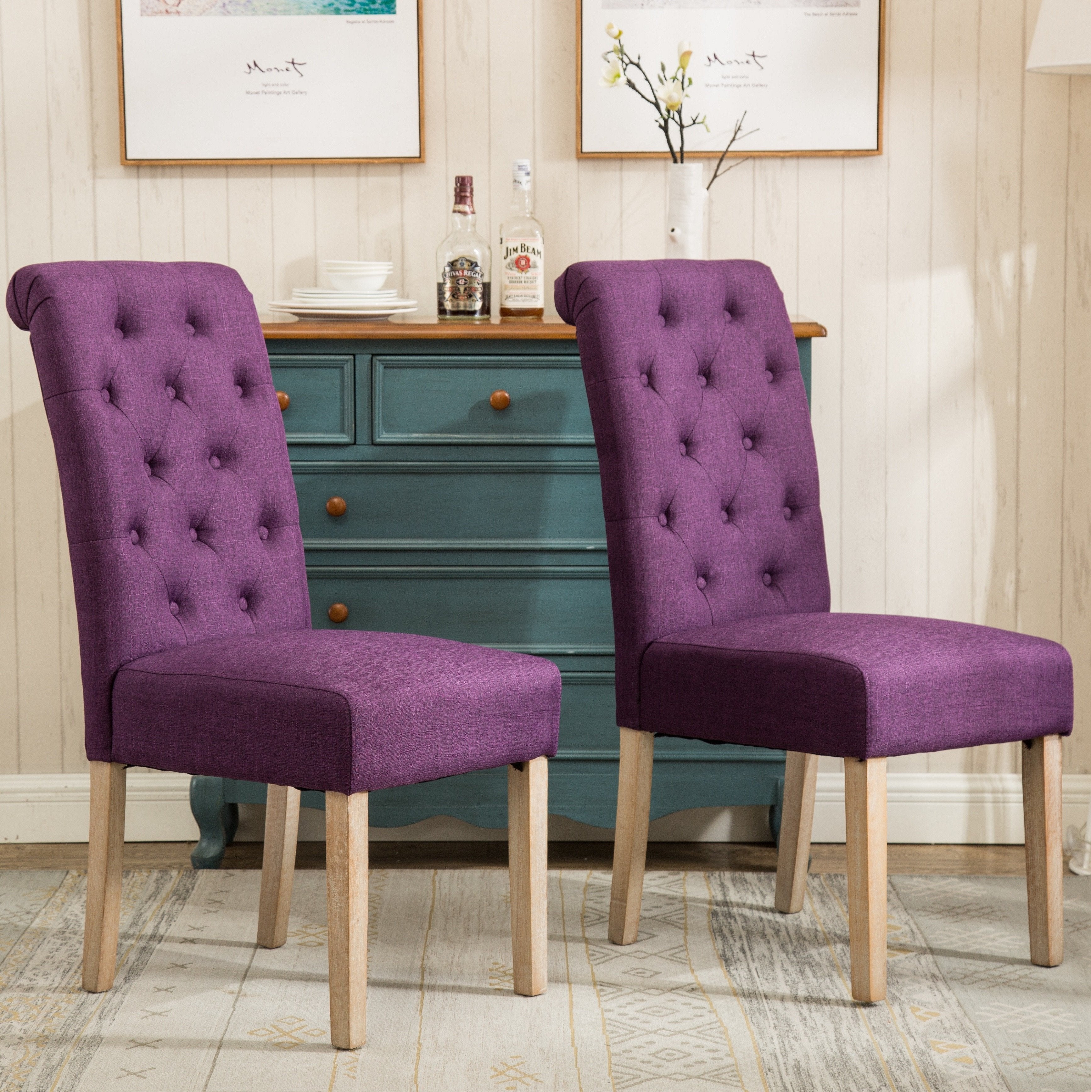 Roundhill Furniture Habit Solid Wood Tufted Parsons Dining Chair - Set of 2, Purple Upholstery, Modern Kitchen & Dining Room Furniture for Home Decor