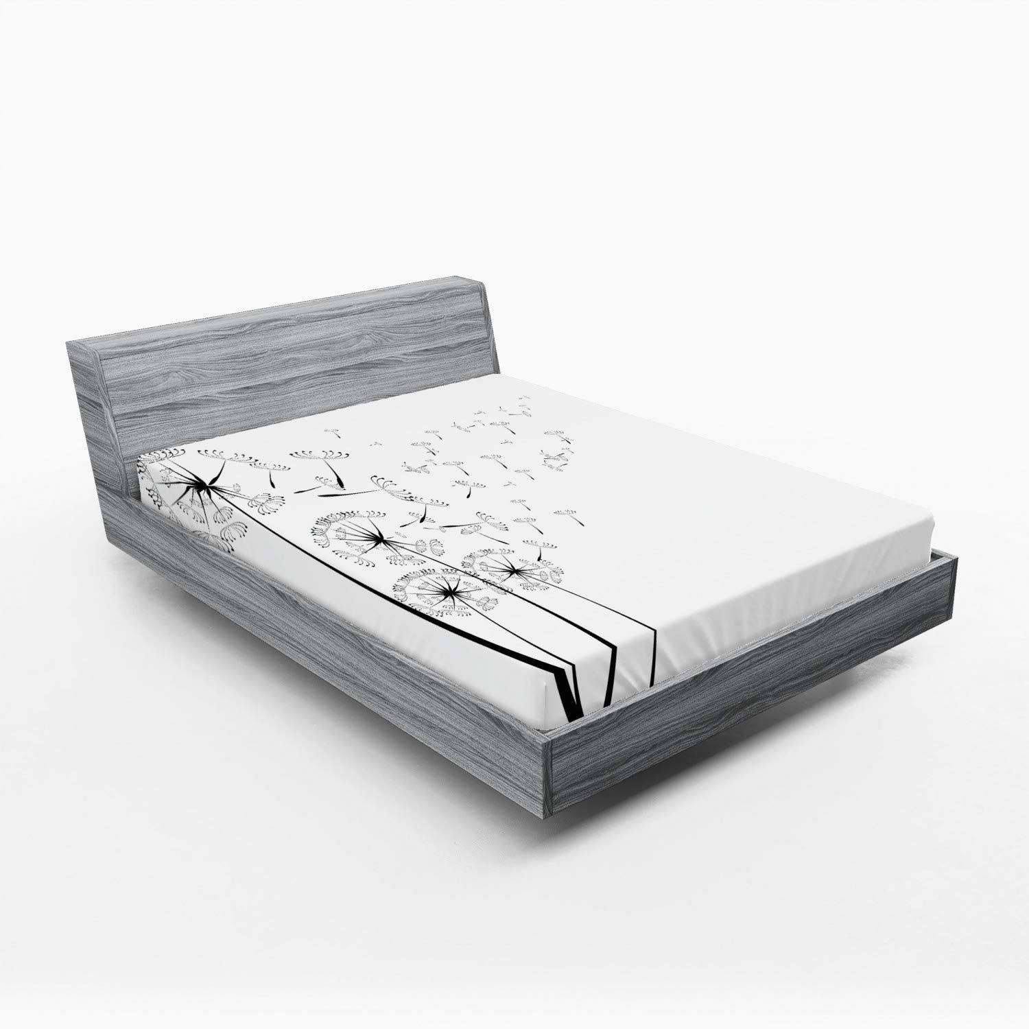 Ambesonne Dandelion Fitted Sheet - Full Size White Charcoal Grey, Monochrome Floral Design with Deep Pocket Elastic for Comfortable Sleep | Perfect for Guest Rooms, Dormitories & Cozy Bedroom Decor