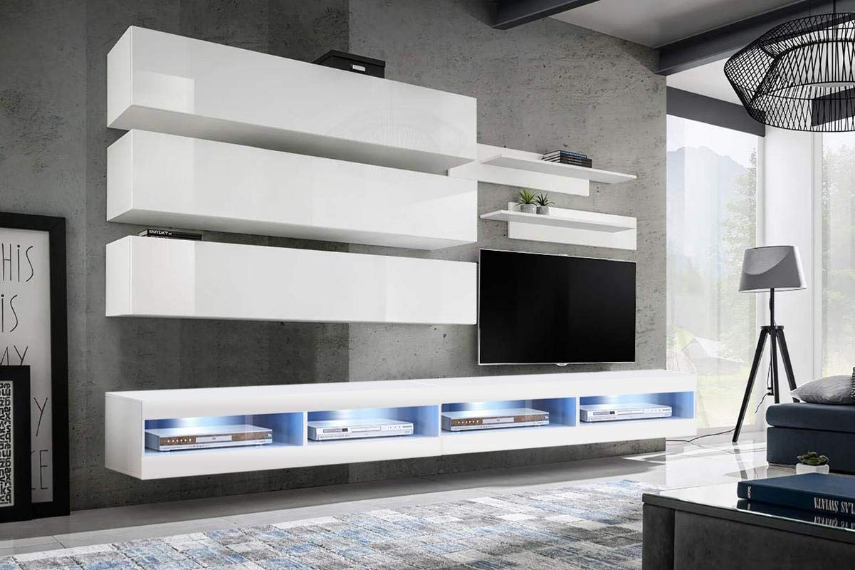 Modern White Wall-Mounted TV Stand with Storage & LED Lights - 34