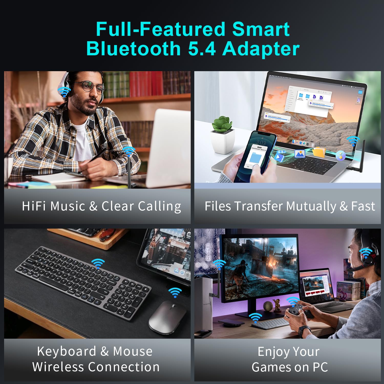 Long Range Bluetooth 5.4 Adapter for PC & Laptop - Wireless USB Dongle with 5dBi Antenna - Compatible with Windows 11/10/8.1/7 - Plug & Play for Headphones, Speakers, Mouse, Keyboard & Printer - Perfect for Home Office, Gaming & Wireless Audio Streaming