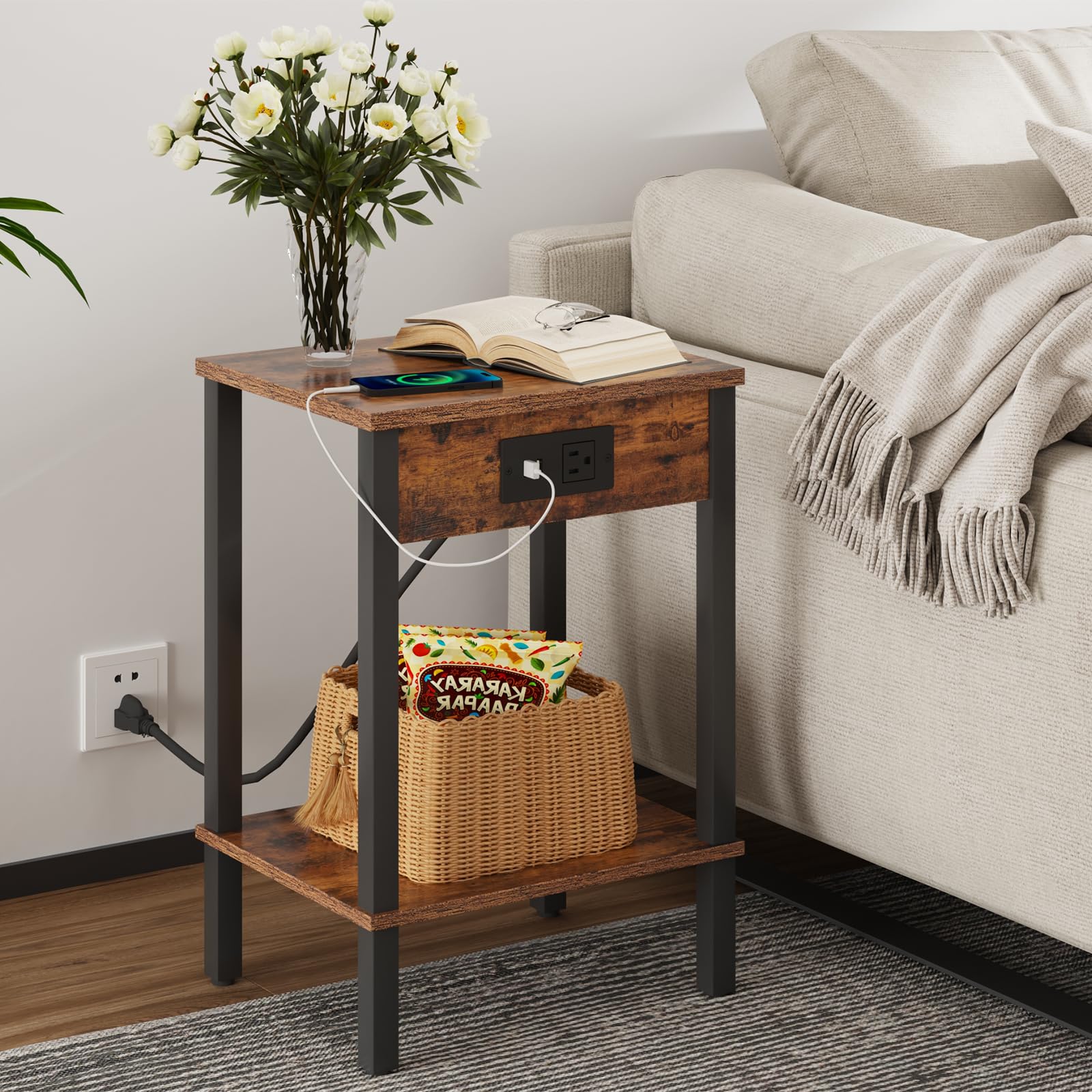 2-Tier Narrow End Table Set with USB Charging Station & Outlets - Nightstand with Storage Shelves for Small Spaces, Perfect for Living Room, Bedroom & Dorm Use