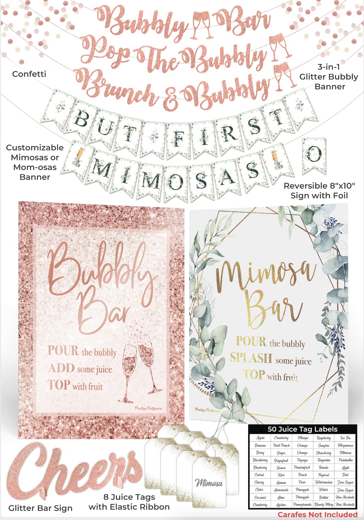 PRESTIGE Mimosa Bar Kit - Rose Gold Bridal Shower & Bachelorette Party Decorations | Elegant Brunch & Bubbly Bar Sign for Weddings, Baby Showers & Galentine's Day Celebrations | Perfect for Mother-Daughter Events & Pink Themed Parties