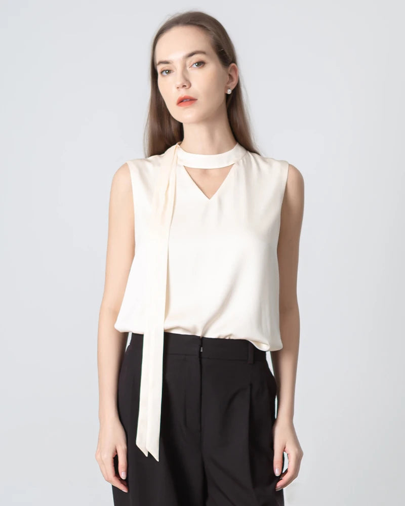 Elegant V-Neck Tie Front Sleeveless Silk Blouse for Women - Perfect for Office Wear, Date Night & Special Occasions