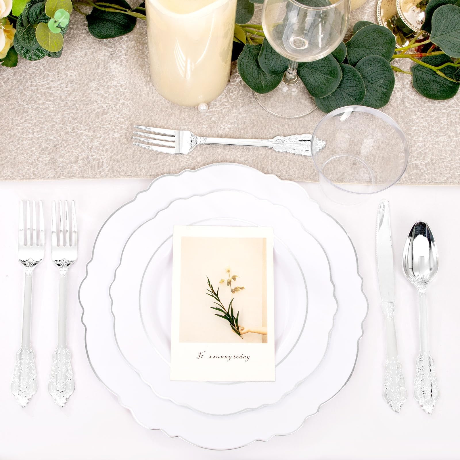 100-Piece Silver Plastic Plates Set - Elegant Baroque Design for Upscale Parties & Weddings - Includes 50 Dinner Plates (10.25