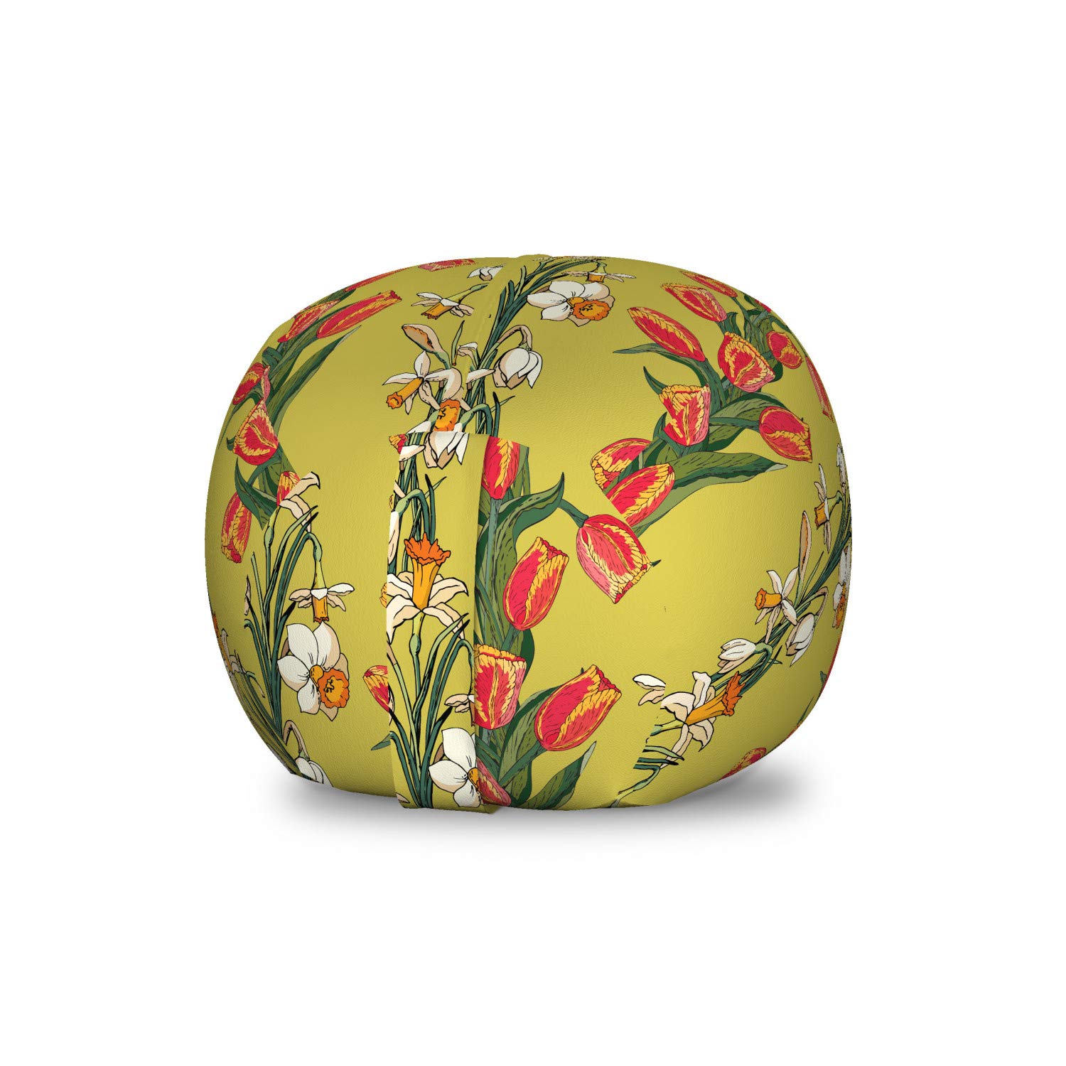 Ambesonne Floral Toy Storage Bag Chair - Washable Stuffed Animal Organizer with Tulip & Daffodil Leafy Botanical Design, Small Size Khaki Multicolor - Perfect for Kids' Room, Nursery, and Playroom Organization