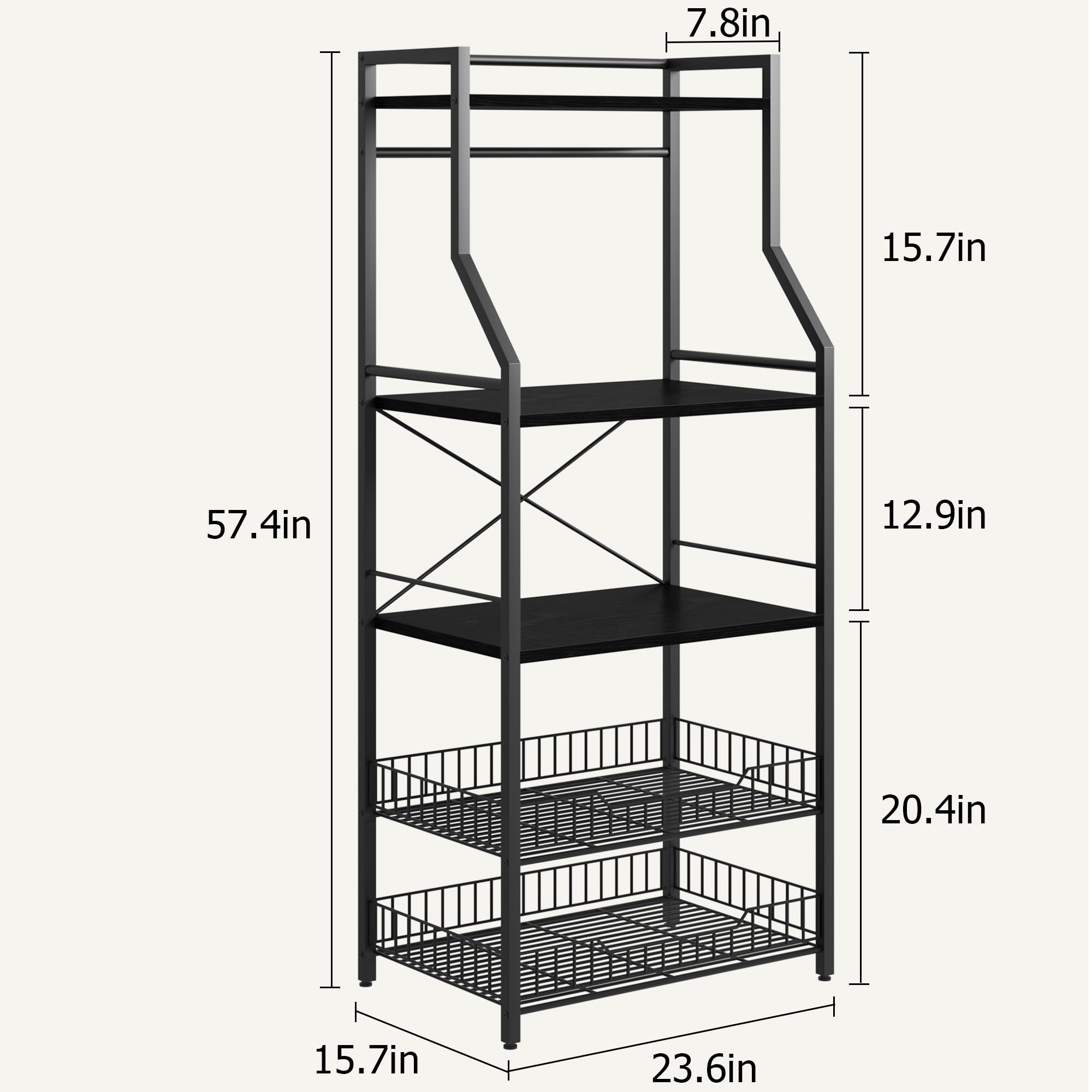 IDEALHOUSE 5-Tier Kitchen Bakers Rack with Microwave Stand - Industrial Coffee Bar Station with 2 Large Wire Baskets & 8 Hooks - Rustic Black Storage Shelf for Spices, Pots & Kitchen Organization - Perfect for Small Spaces, Apartments & Coffee Bar Setups