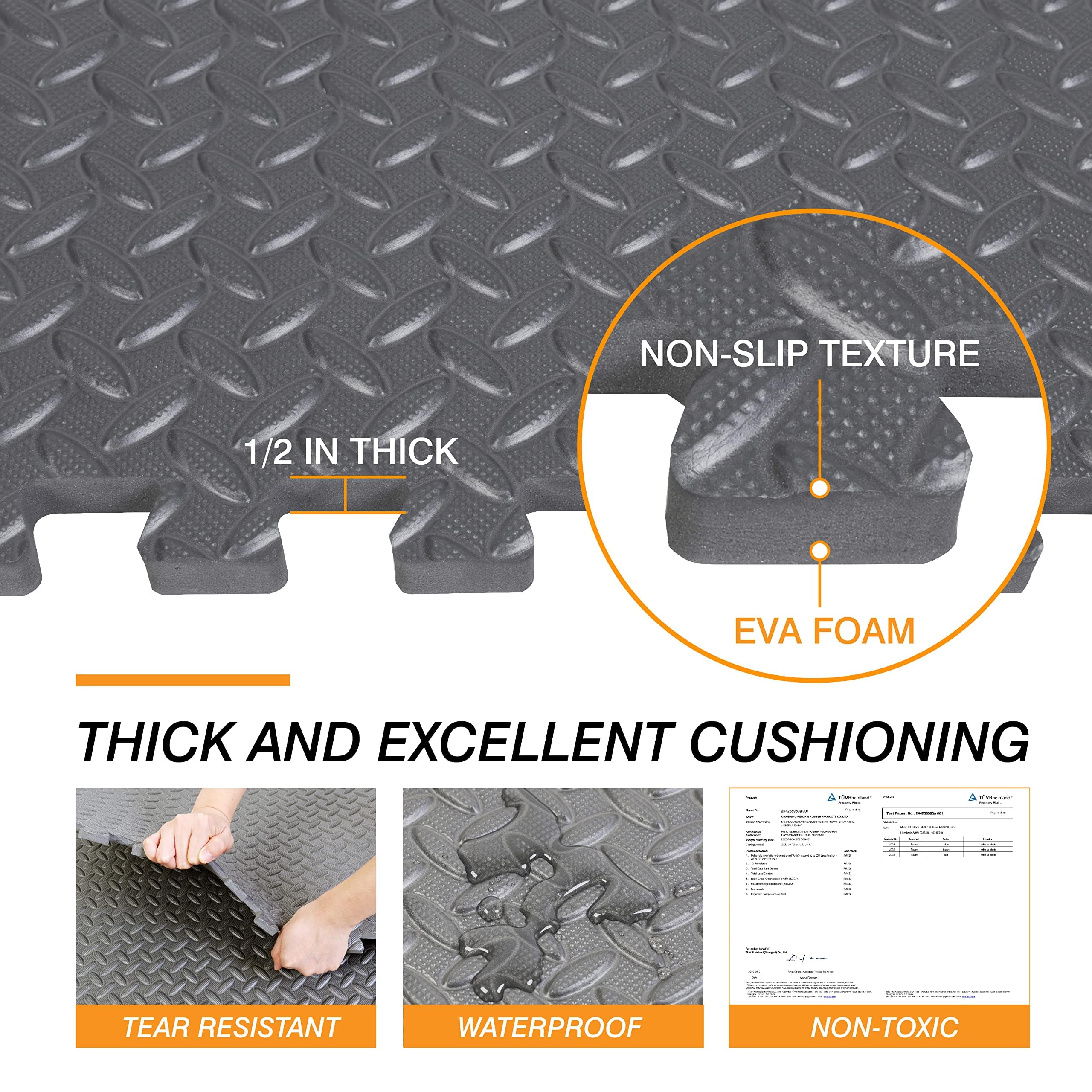 Torin Interlocking Foam Tiles Puzzle Mats - 24 SQ FT EVA Gym Flooring for Home Workouts, 1/2 Inch Thick Exercise Mat (6 Tiles, Grey) | Ideal for Home Gym, Yoga, Kids Play Area & Garage Workout Space