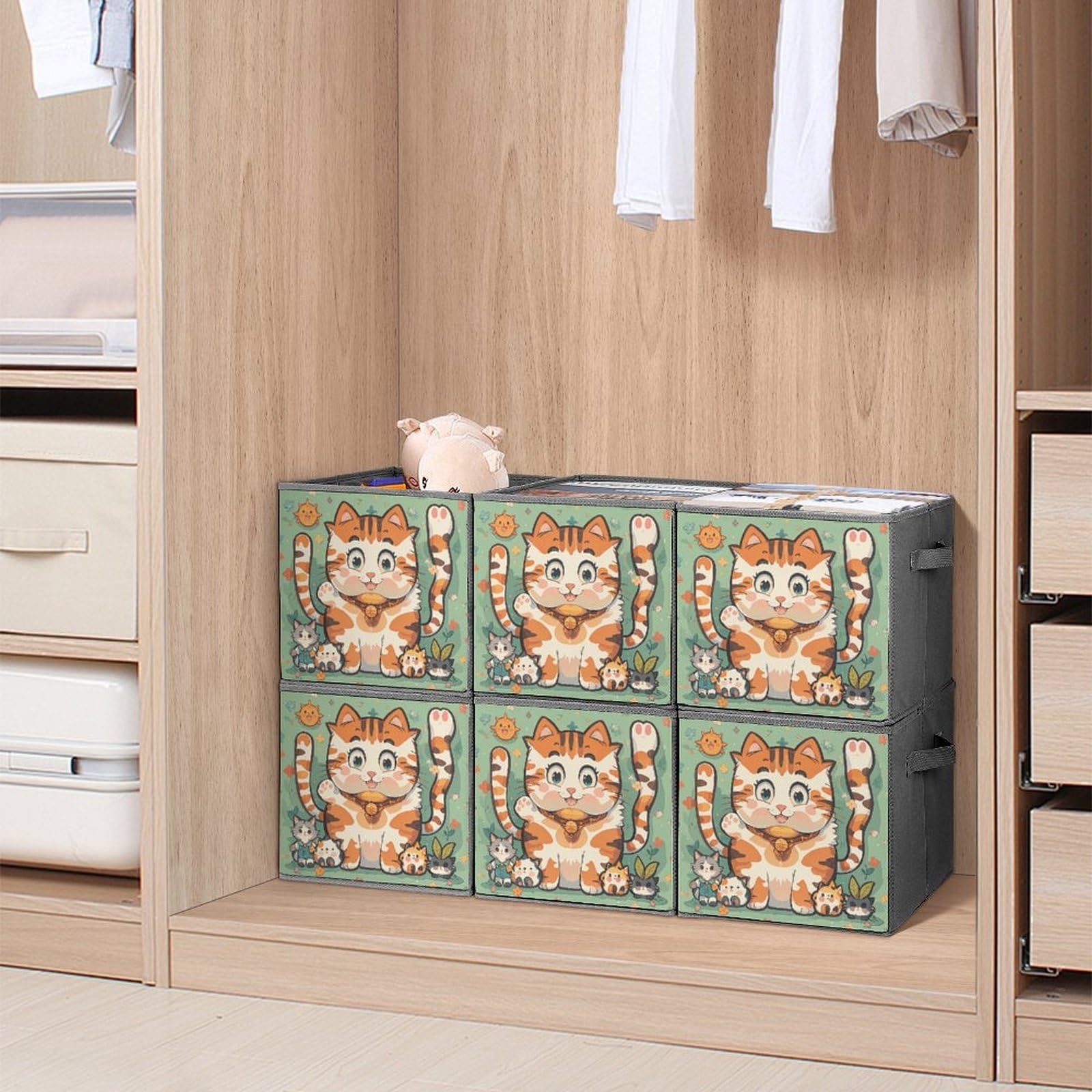 6PCS Collapsible Storage Bins with Handles - Cute Cartoon Cat Printed Foldable Organizer Boxes for Home, Kitchen, Bathroom & Closet Organization - Space Saving Storage Containers for Shelves, Cabinets & Under Bed