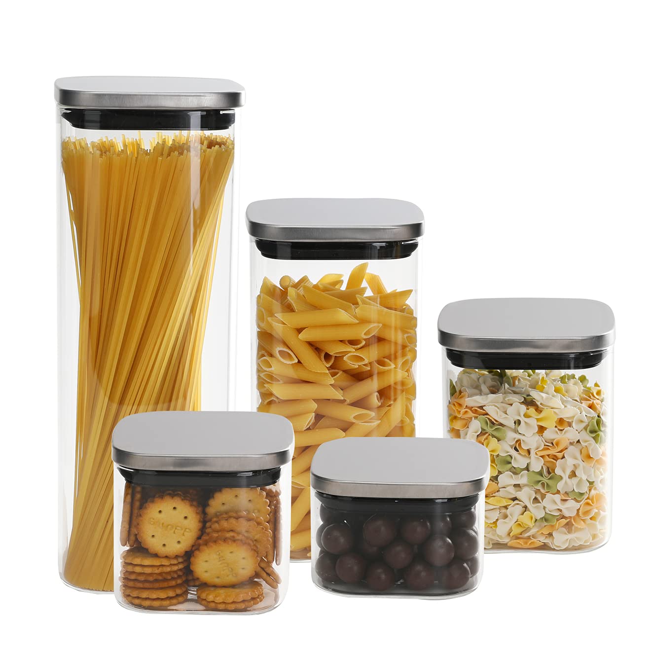 5-Piece Airtight Glass Food Storage Containers Set with Stainless Steel Lids - Perfect for Kitchen Pantry Organization of Cookies, Sugar, Flour, Spices, Pasta, Beans & Coffee - Ideal for Baking, Meal Prep & Bulk Food Storage
