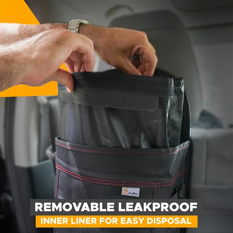 EcoNour Waterproof Hanging Car Trash Can with Lid & Storage Pockets - Removable Inner Bag for Easy Cleaning - Perfect for SUVs, Trucks, Vans & Road Trips | Keep Your Vehicle Clean & Organized | Black