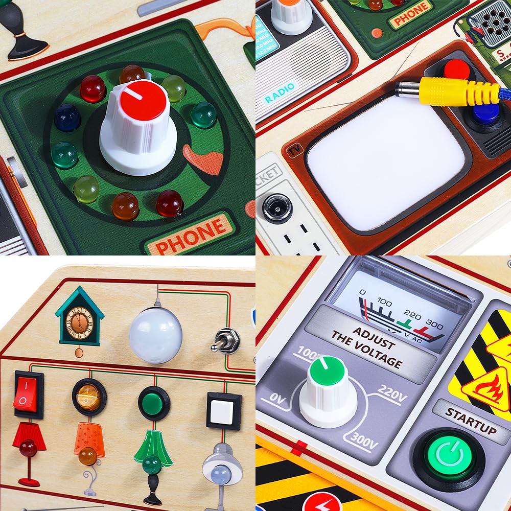 Montessori Wooden Busy Board for Toddlers 1-3 Years Old - Sensory Learning Toy with LED Lights, Switches, TV, Radio & Car Driving - Travel & Birthday Gift for Boys & Girls - Perfect for Airplane, Car Rides & Home Playtime