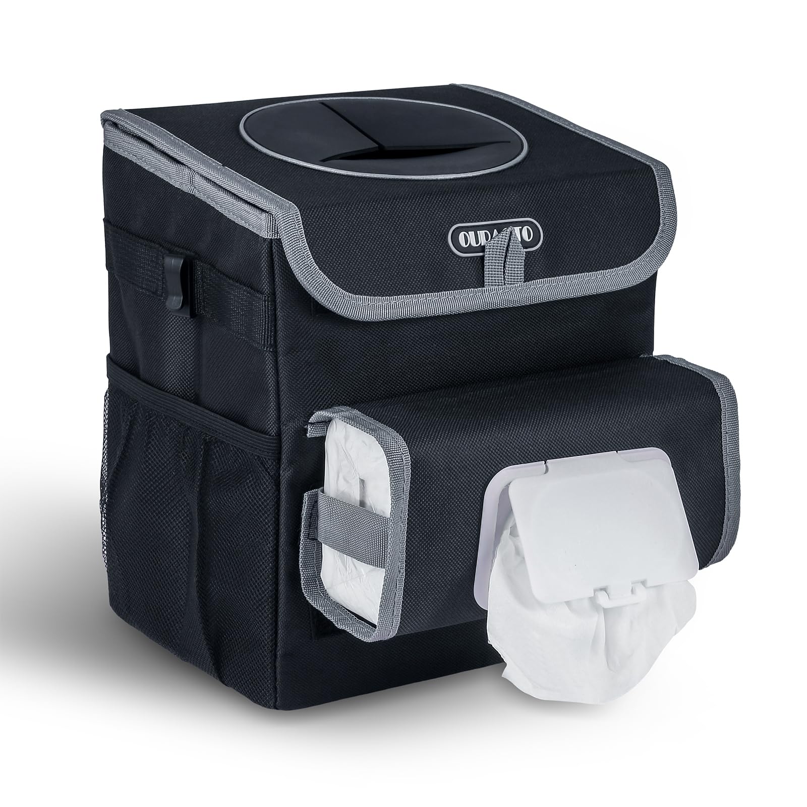 **Leakproof Car Trash Can for Back Seat - 2 Gallon Adjustable Car Garbage Bin with Removable Liners & Tissue Holder - Perfect for SUV, Sedan, Road Trips & Daily Commute (Black)**