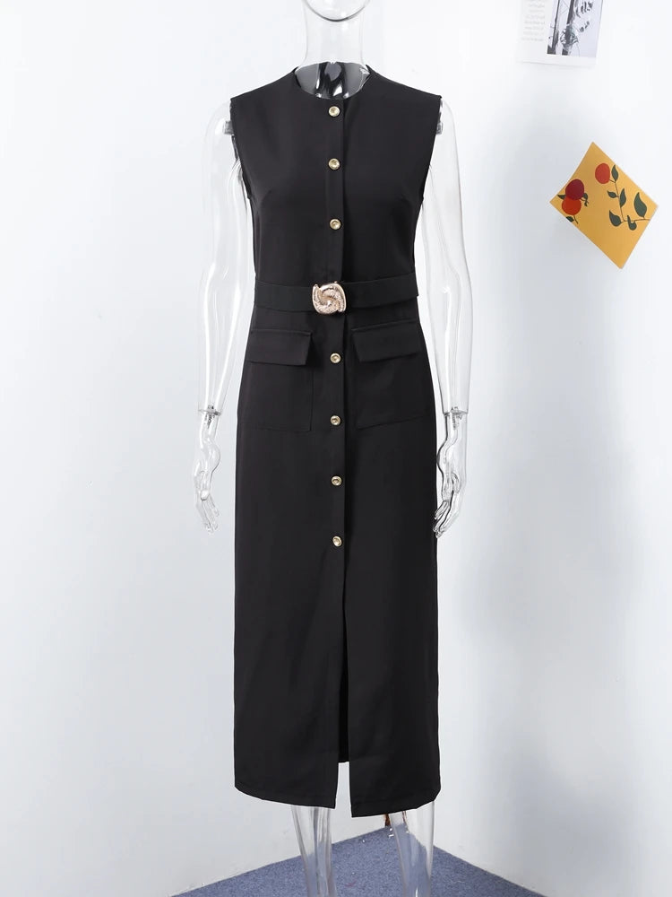 Elegant Split Neck Sleeveless Women's Maxi Dress with Waist Cincher & Pockets - Summer Beach Party, Wedding Guest, Vacation Outfit