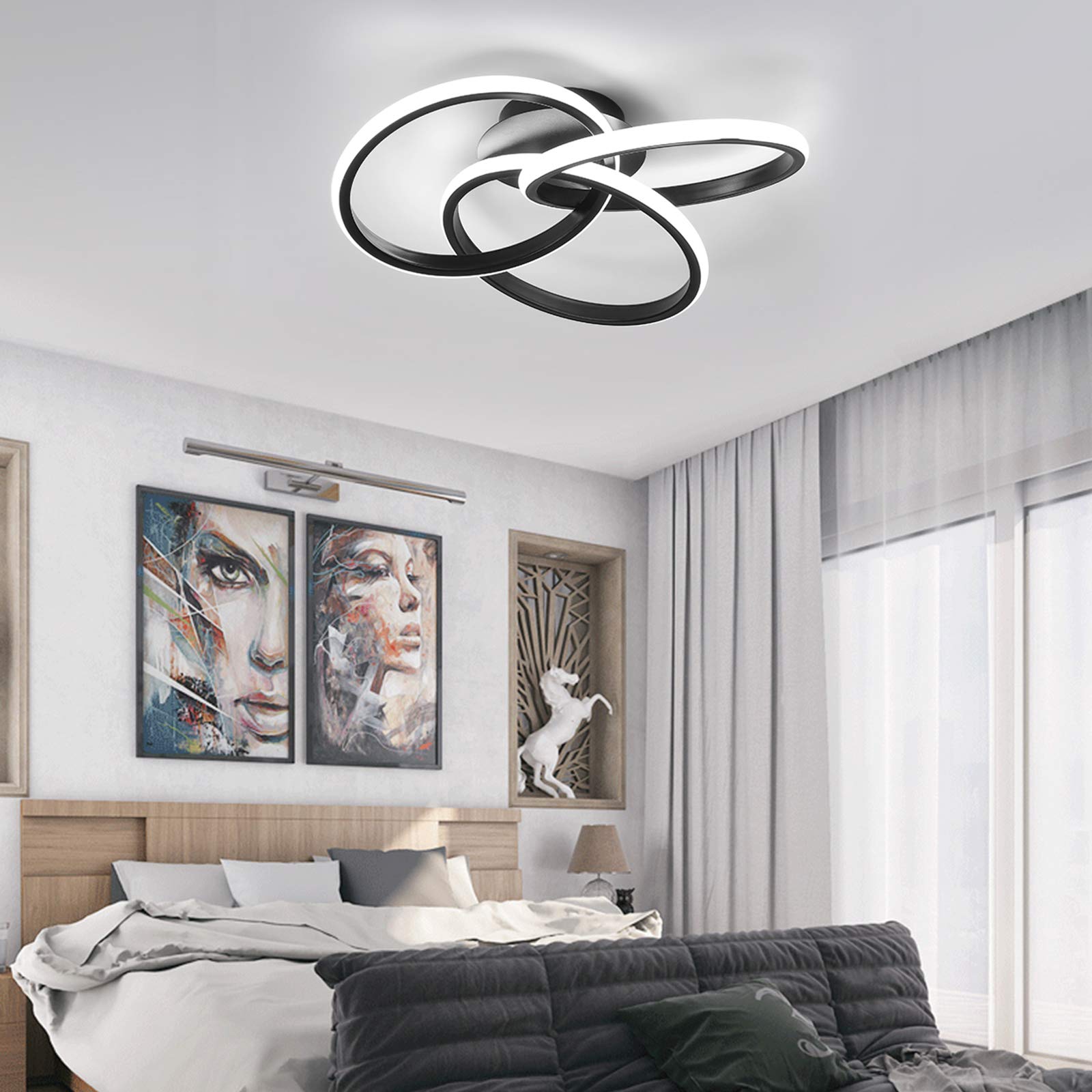 YIYIBYUS Modern Black LED Ceiling Light Fixture 52cm 30W with Remote Control & Stepless Dimming for Bedroom, Kitchen, Living Room – Energy-Efficient Lighting Solution