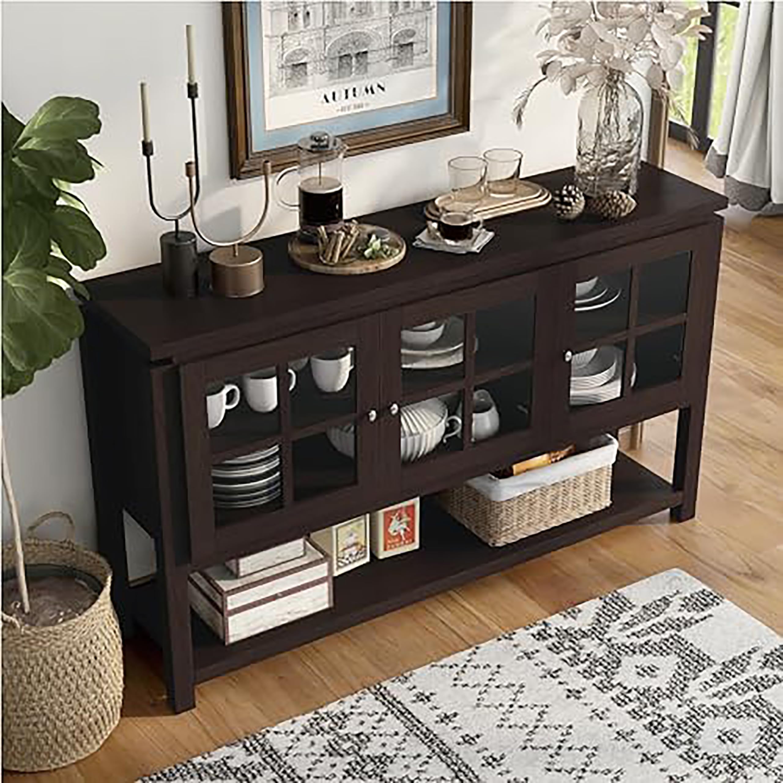 Furniture of America Julianna Farmhouse Sideboard Buffet Cabinet with Storage & Glass Doors - Solid Wood Kitchen Coffee Bar Console Table for Entryway, Dining Room, Living Room - Walnut Finish for Rustic Home Decor & Entertaining