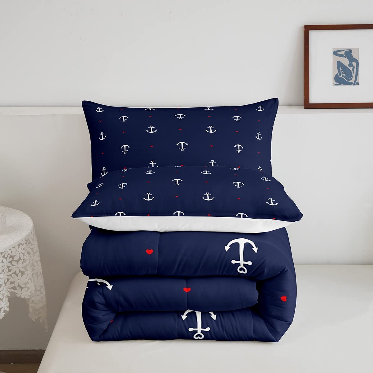 **Nautical Themed Twin Comforter Set - 2 Piece Navy Blue Microfiber Down Alternative Bedding for Kids & Teens Boys Room Decor - Includes 1 Pillowcase - Perfect for Coastal, Beach, or Sailor Themed Bedrooms**