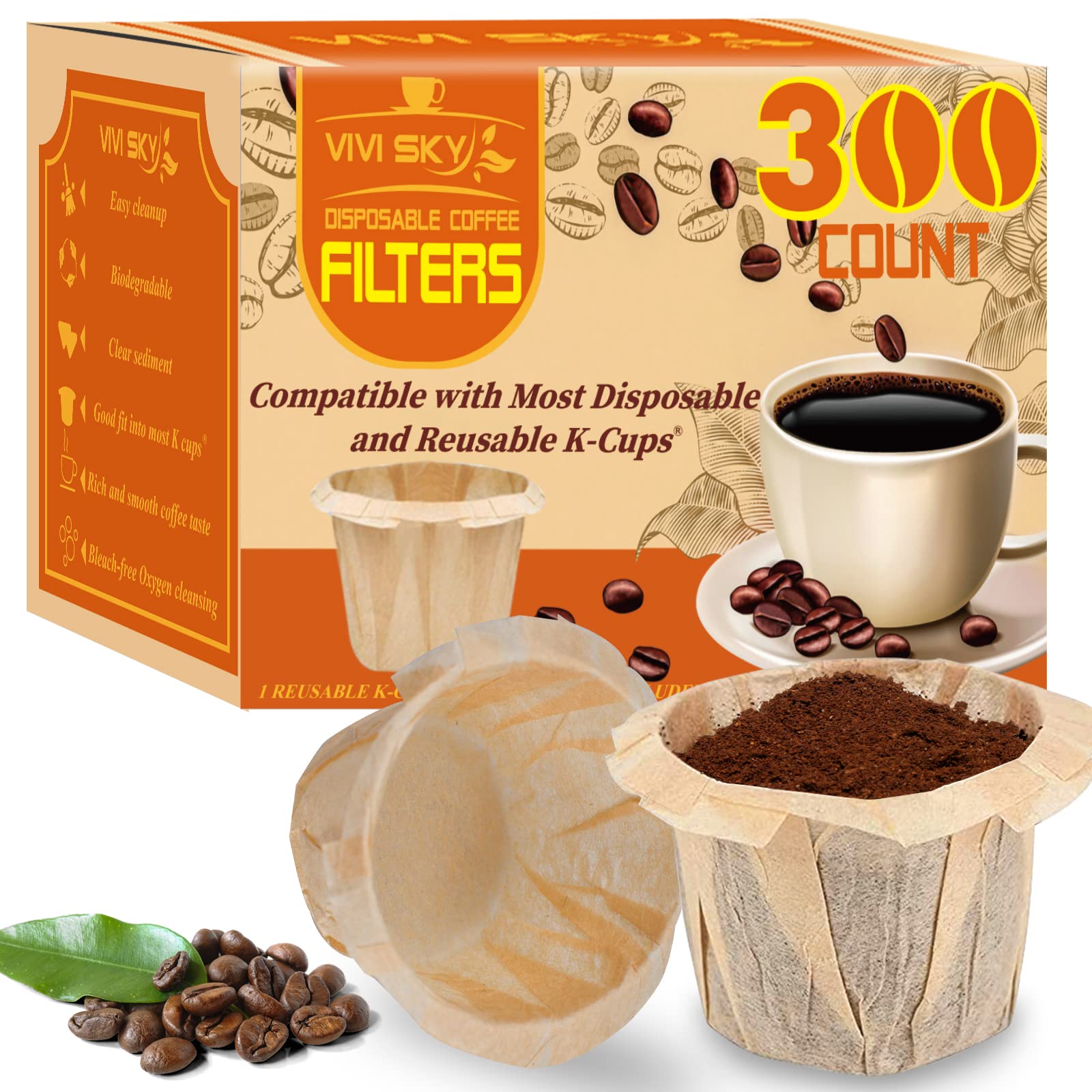 300 Unbleached Disposable Coffee Filters for Keurig 1.0 & 2.0 Brewers - Compatible with Single Serve K-Cups & Reusable K Pods - Perfect for Home, Office & Travel Coffee Brewing