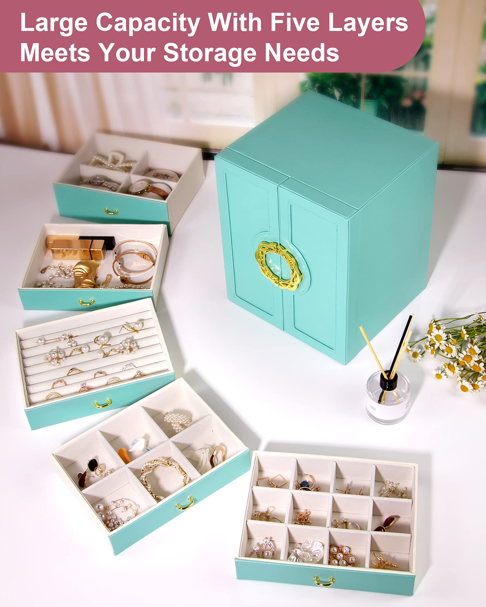Large Jewelry Organizer Box with 5 Drawers - Leather Storage Case for Necklaces, Earrings, Rings, Watches & Bracelets - Perfect Gift for Women & Girls (Blue) | Bedroom Vanity, Closet & Travel Jewelry Storage Solution