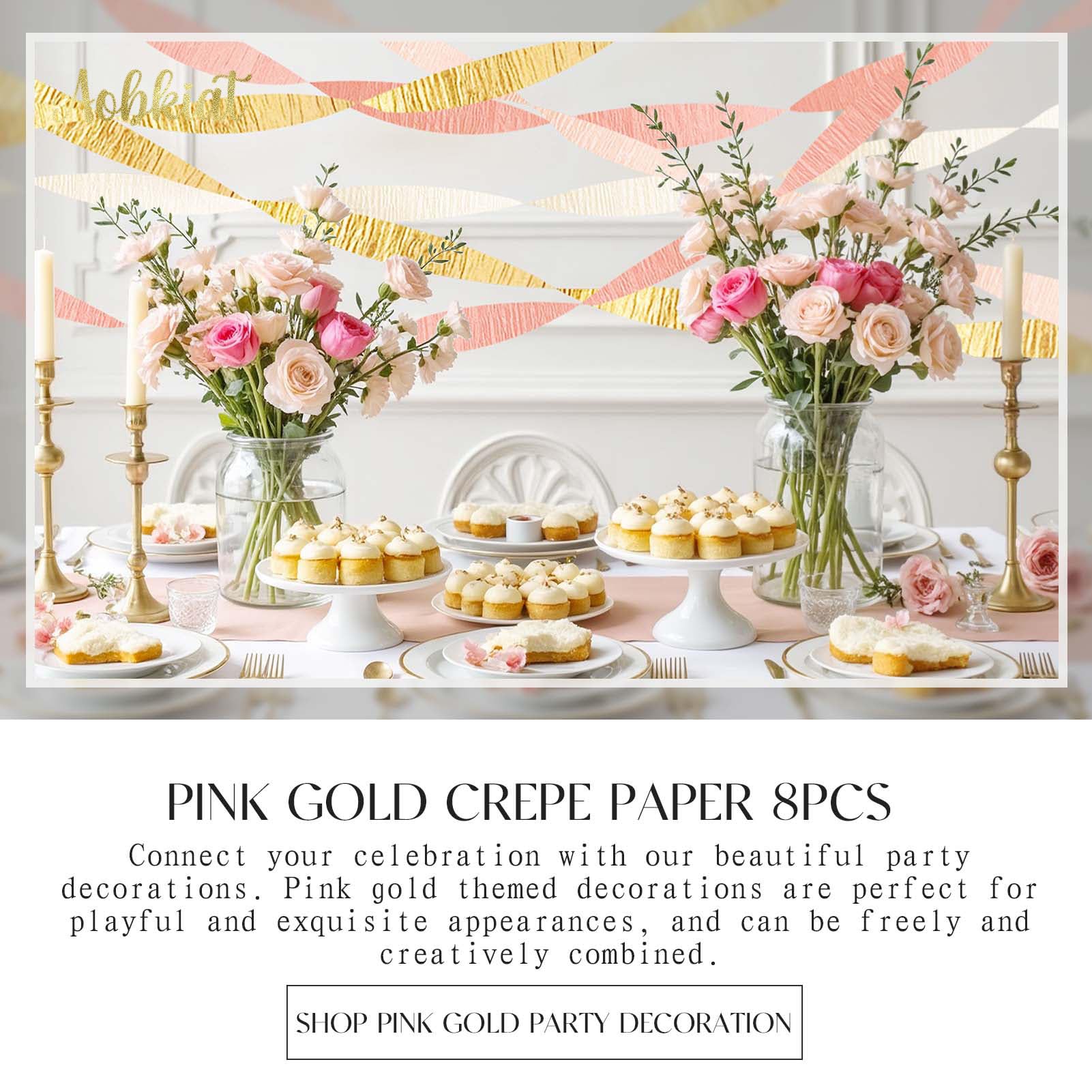 Premium 8 Rolls Pink Gold Crepe Paper Streamers (82ft) - Elegant Wedding, Bachelorette, Birthday & Baby Shower Decorations - Perfect for Party Backdrops, Valentines Day & Special Events Decor
