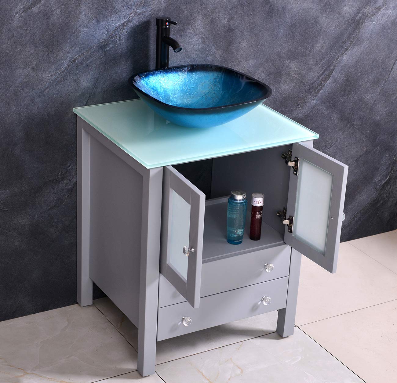 24 Inch Wooden Bathroom Vanity Set with Tempered Glass Top, Blue Vessel Sink, Mirror, Faucet & Drain Included (Grey) - Modern Bathroom Furniture for Small Spaces & Master Bathroom Remodel