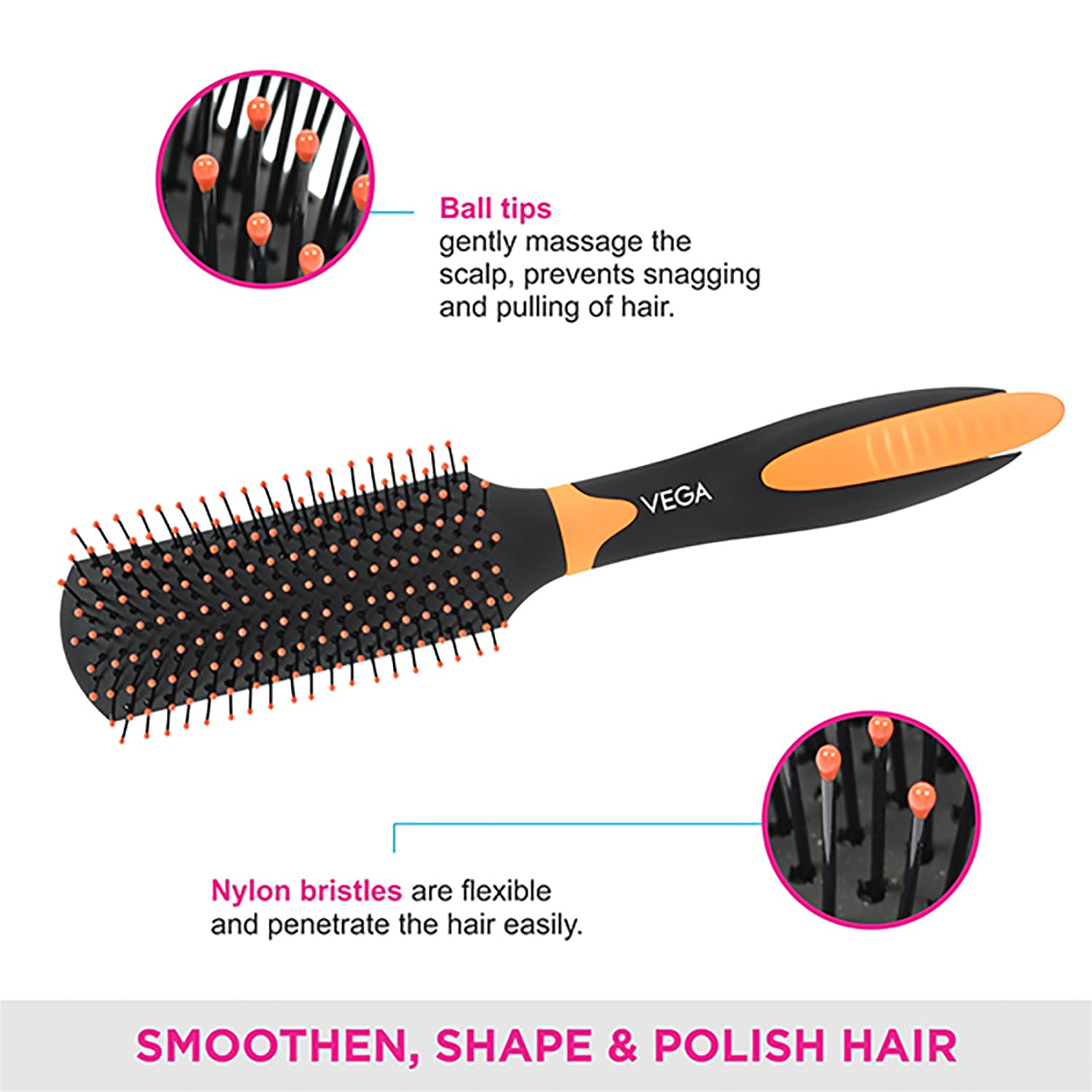 Vega Flat Hair Brush with Sectioning Clip - Best for Smoothing & Detangling Hair (E20-FB) | Ideal for Styling, Blowouts & Salon-Quality Results at Home | Men & Women