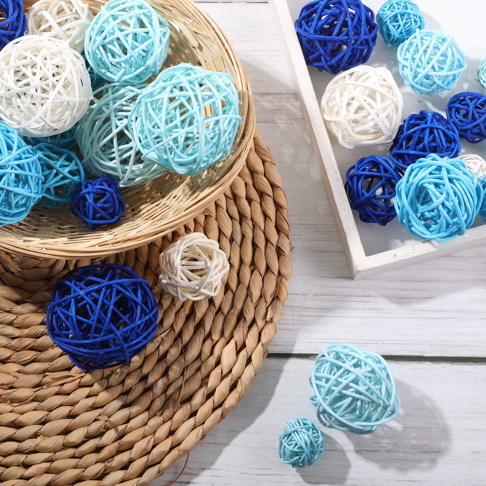72 Pcs Wicker Rattan Balls for Vase Fillers, Centerpieces, and Home Decor - 4 Sizes (Sky Blue, White, Blue, Light Blue, Dark Blue) - Perfect for Spring & Summer Crafts, Wedding Decor, and DIY Projects