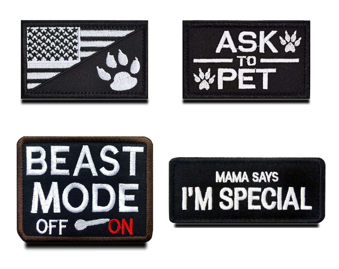 4 Pcs Beast Mode Dog Patches – Embroidered Hook & Loop Fastener for Service Dog Vests, K9 Police & Military Tactical Harness – Perfect for Working Dogs, Farm Dogs & Pet Training