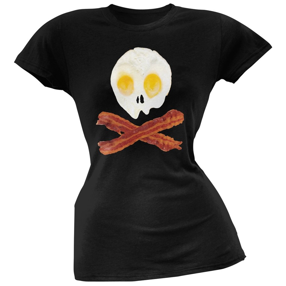 Skull and Crossbones Eggs & Bacon Graphic Soft Junior T-Shirt - Fun & Edgy Outfit for Teens, Casual Wear, Halloween Costume
