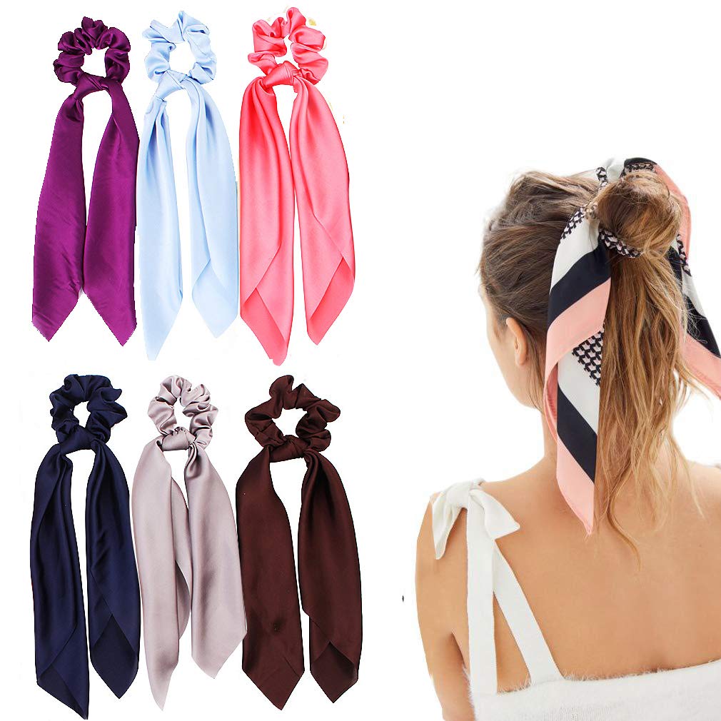 Silk Satin Hair Scrunchies with Bow - 6 Pack Elastic Ponytail Holders for Women (6 Solid Colors) - Perfect for Daily Use, Workouts, and Special Occasions