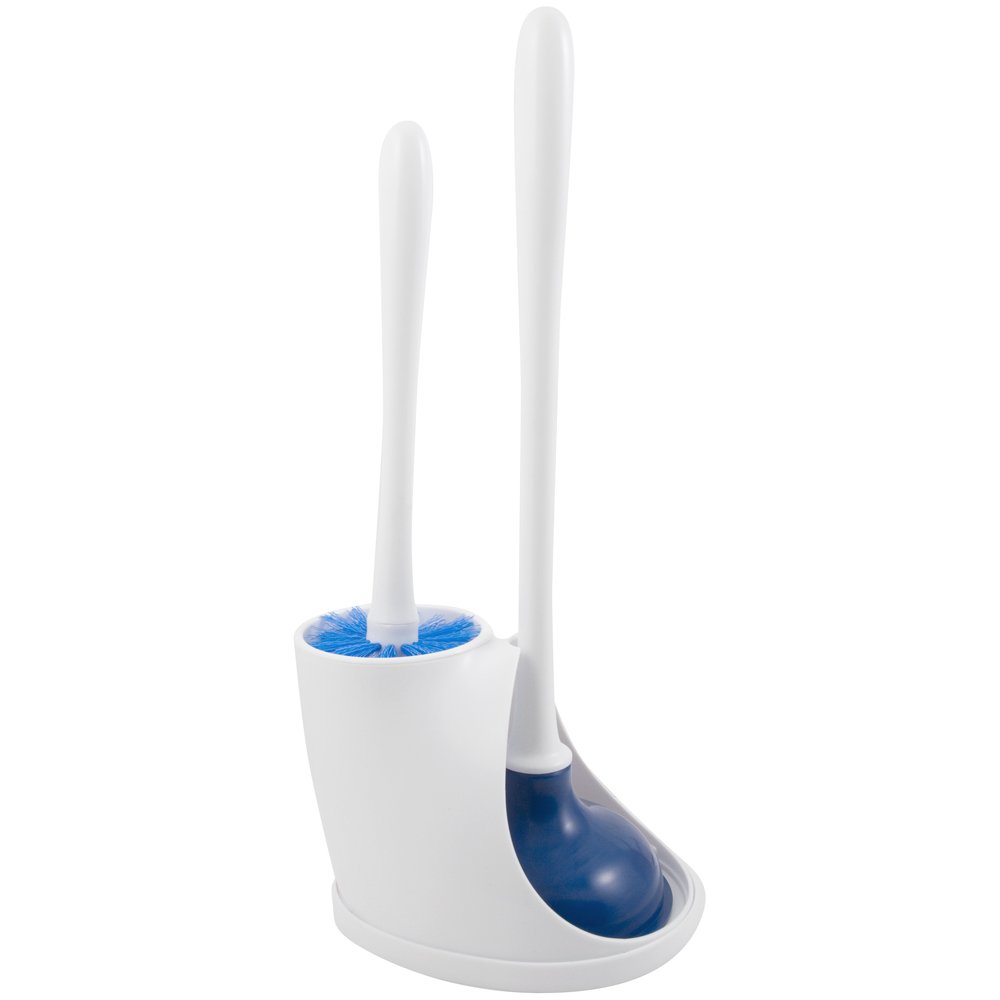 **PlumbCraft Heavy-Duty Toilet Plunger and Cleaning Brush Combo Kit with Caddy – Durable Sanitary Storage for Most Toilet Types (White/Blue) – Perfect for Bathroom Cleaning & Clog Removal**