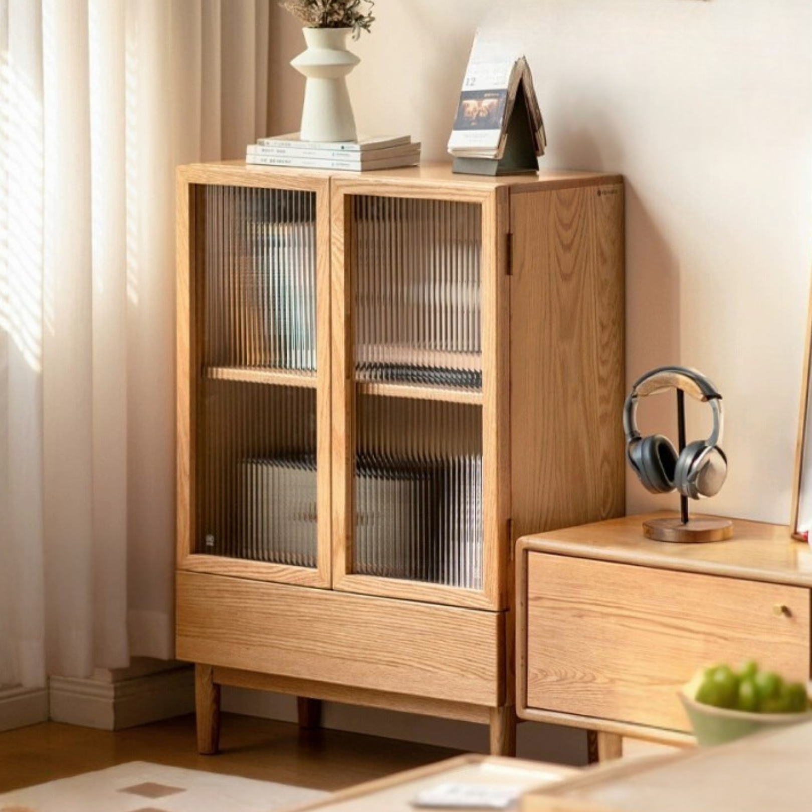 Modern Solid Oak & Beech Wood Side Cabinet - Minimalist Design for Living Room, Bedroom or Office Storage
