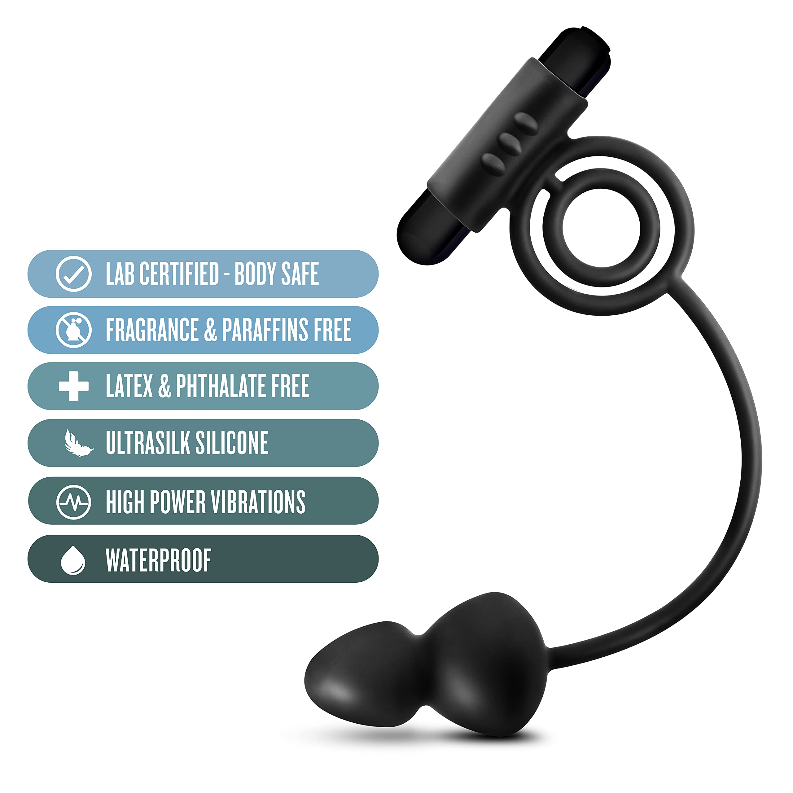 Blush Novelties Anal Adventures Platinum - Silicone Anal Plug with Vibrating C-Ring | Prostate Massager for Men & Couples | Black | Enhance Intimacy & Pleasure in Bedroom Play